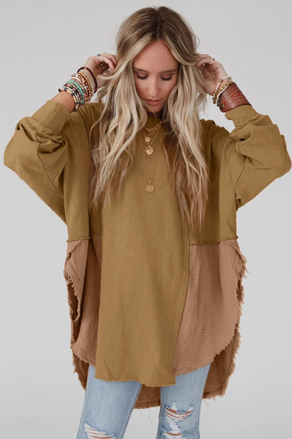 Camel Orange Crinkle Splicing Raw Hem Long Sleeve Blouse