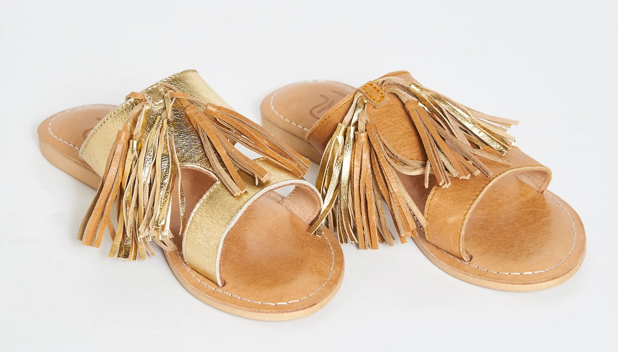 Camel w/gold tassel slide sandals
