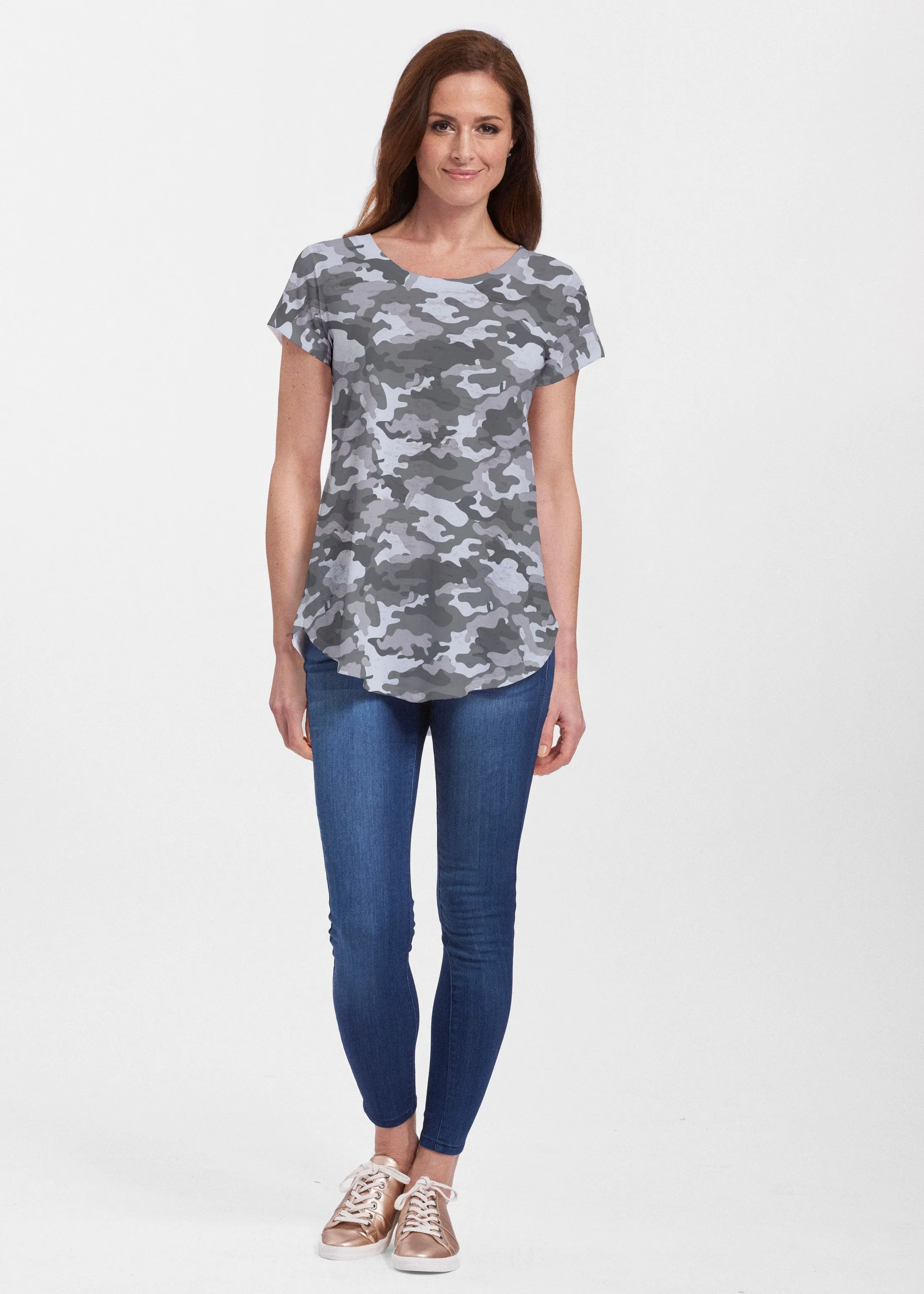 Camo Grey (9245) ~ Signature Short Sleeve Scoop Neck Flowy Tunic