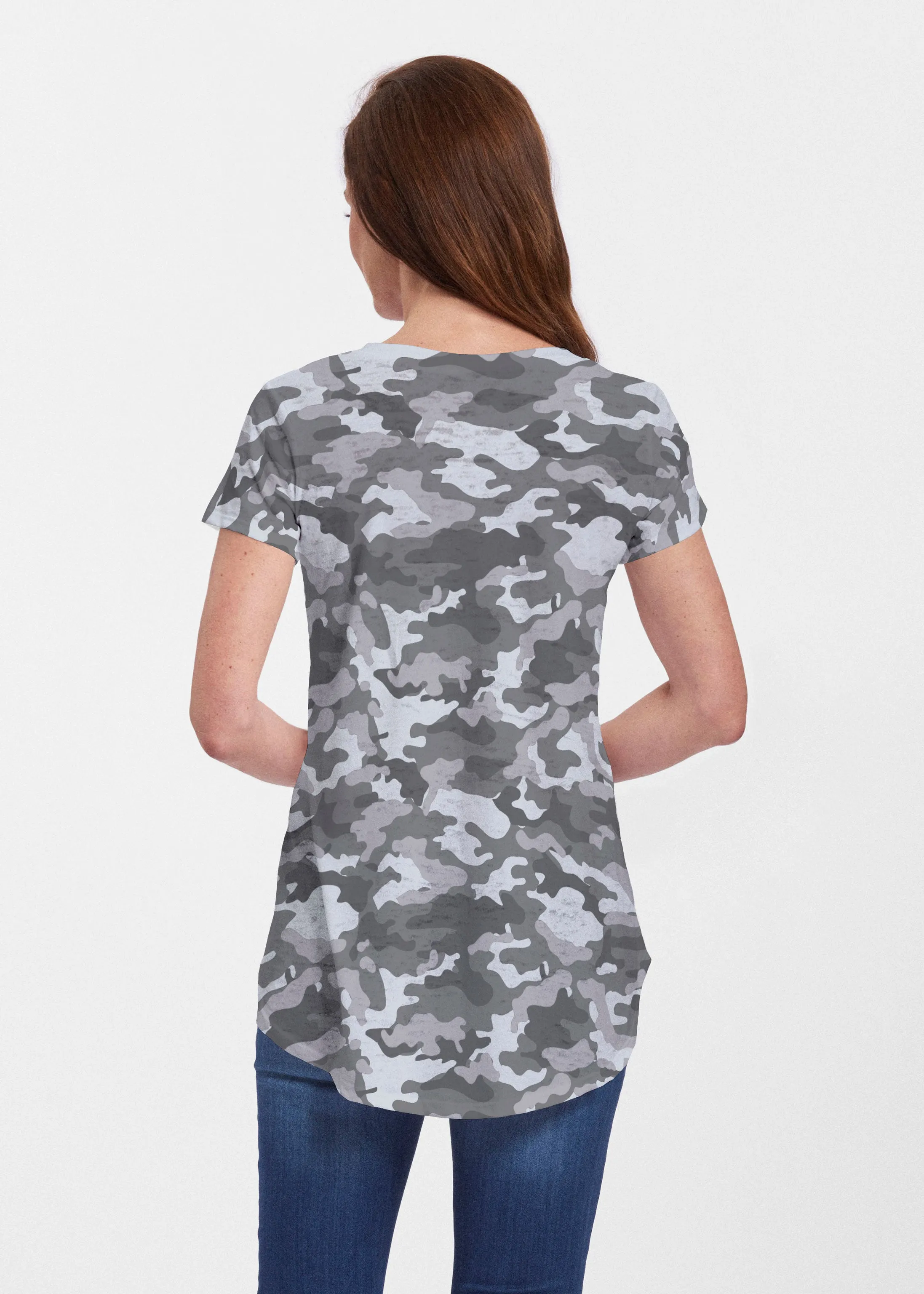 Camo Grey (9245) ~ Signature Short Sleeve Scoop Neck Flowy Tunic