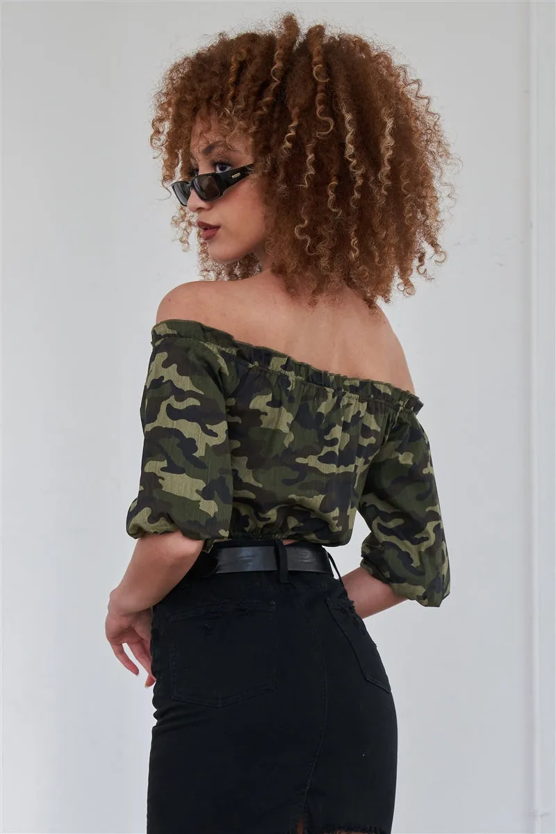 Camouflage Off The Shoulder Crop Top | Olive