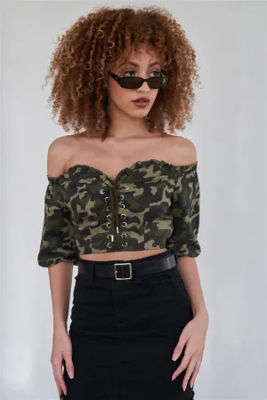 Camouflage Off The Shoulder Crop Top | Olive