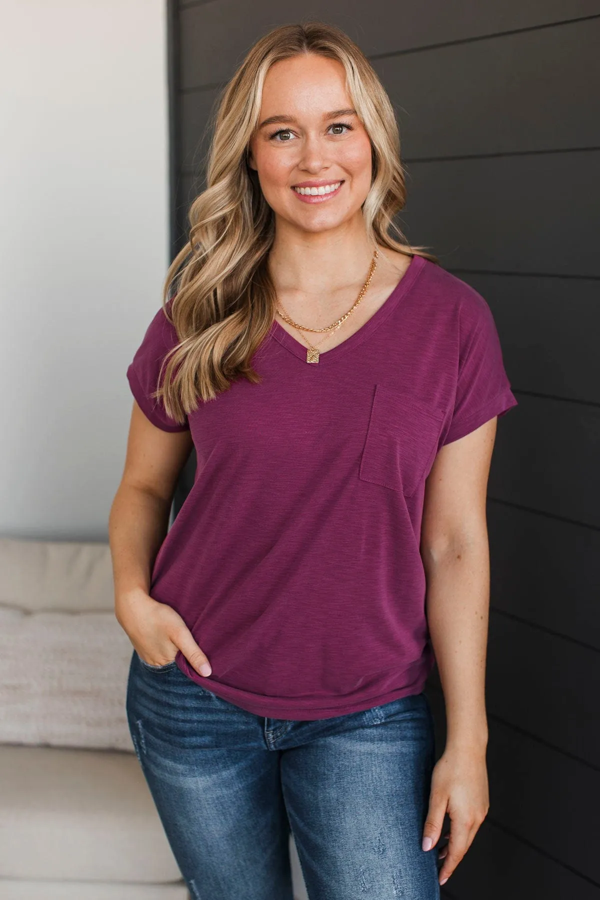 Can't Be Fooled V-Neck Top- Magenta