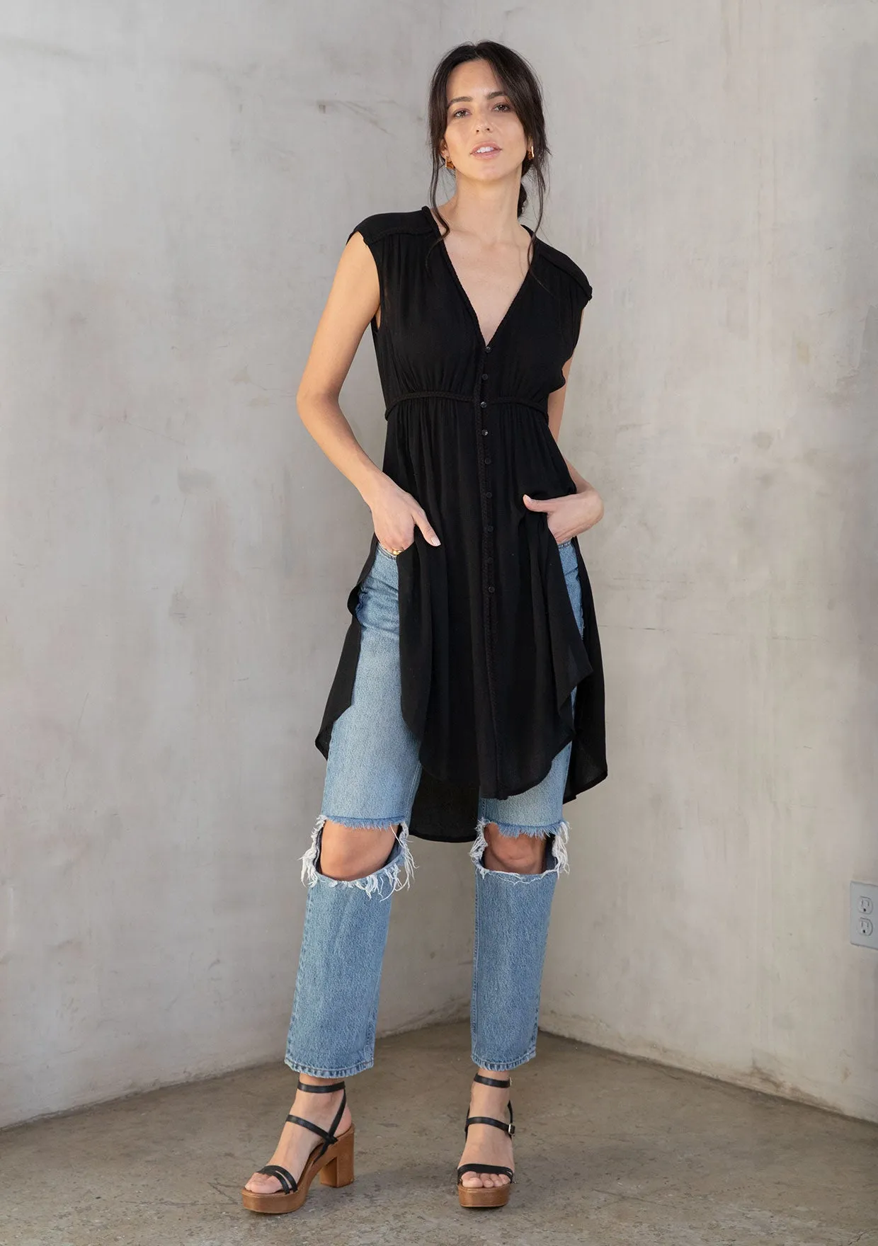 Cap Sleeve Button Front Tunic Top