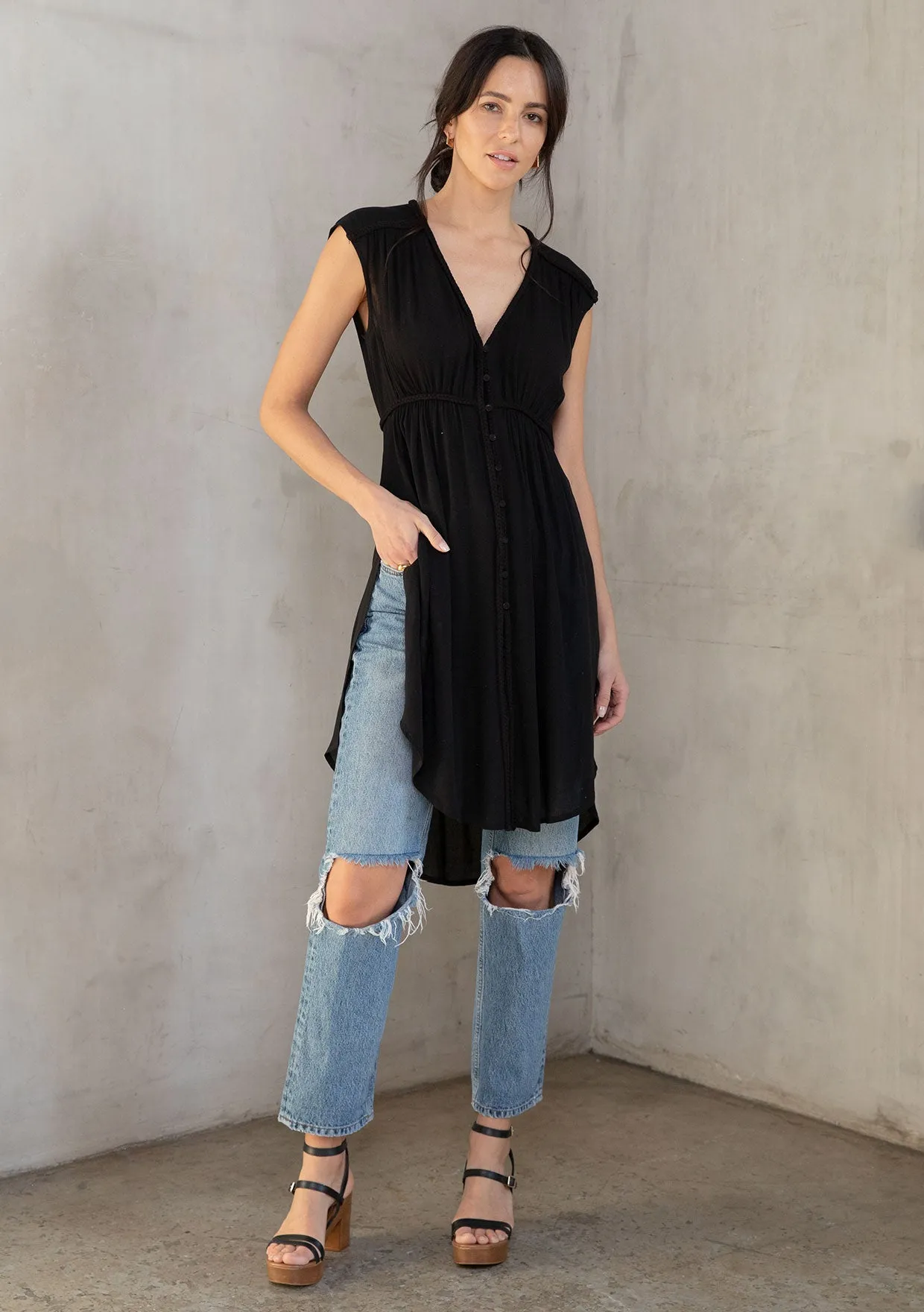 Cap Sleeve Button Front Tunic Top