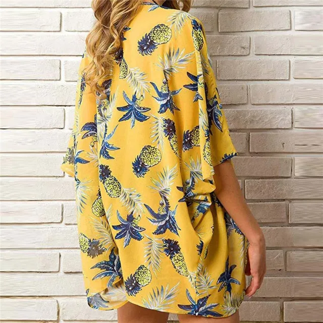 Casual Leaves Print Chiffon Kaftan Beach Cover Up Cardigan Shawl Swimwear Women Summer Swimsuit Pareos Cape Saida De Praia