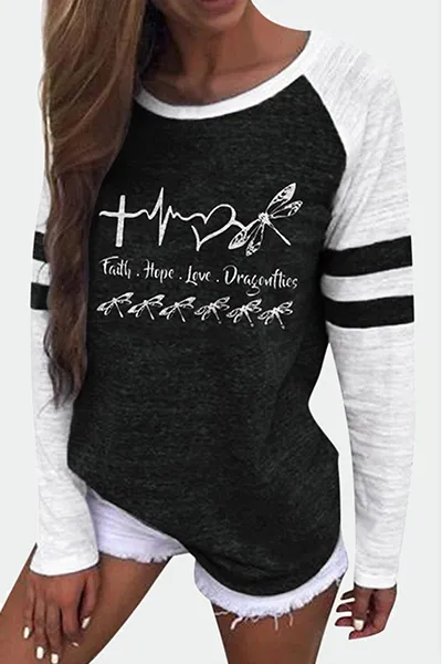 Casual Print Split Joint O Neck Tops(4 Colors)