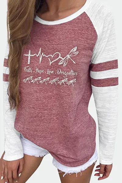 Casual Print Split Joint O Neck Tops(4 Colors)