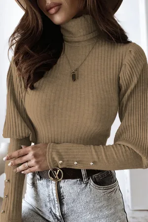 Casual Solid Buckle Fold Turtleneck Tops(3 Colors)
