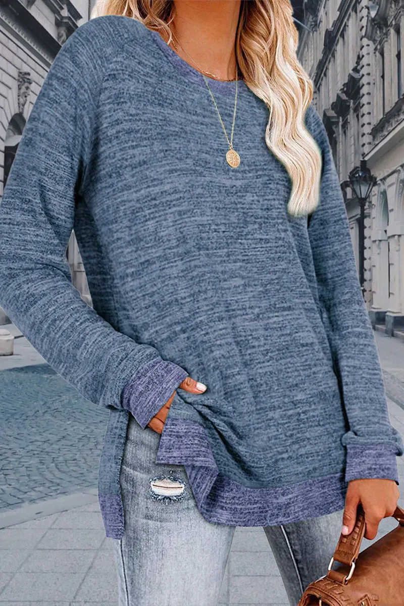 Casual Solid Contrast O Neck Tops(10 Colors)