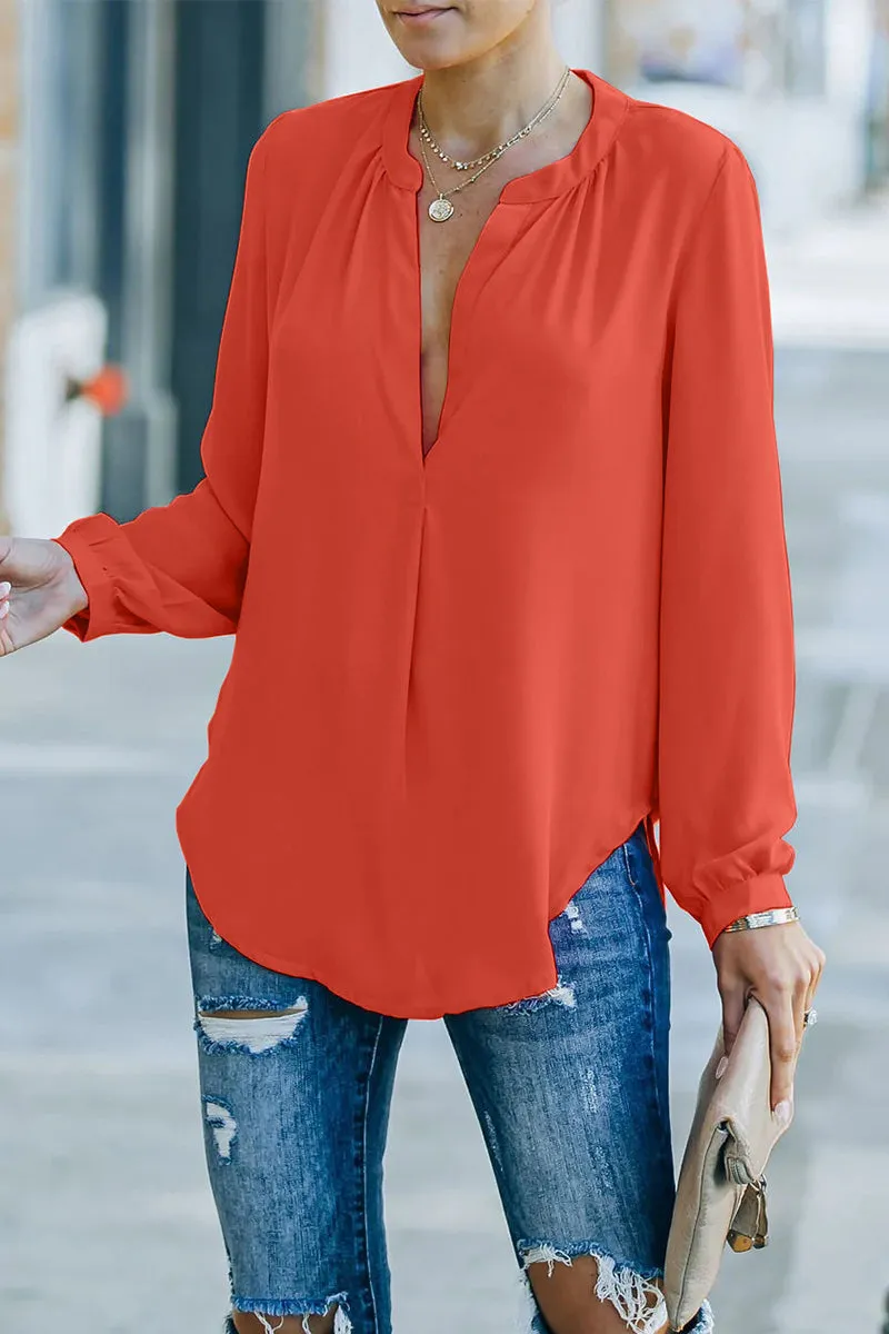 Casual Solid Fold V Neck Tops(6 Colors)