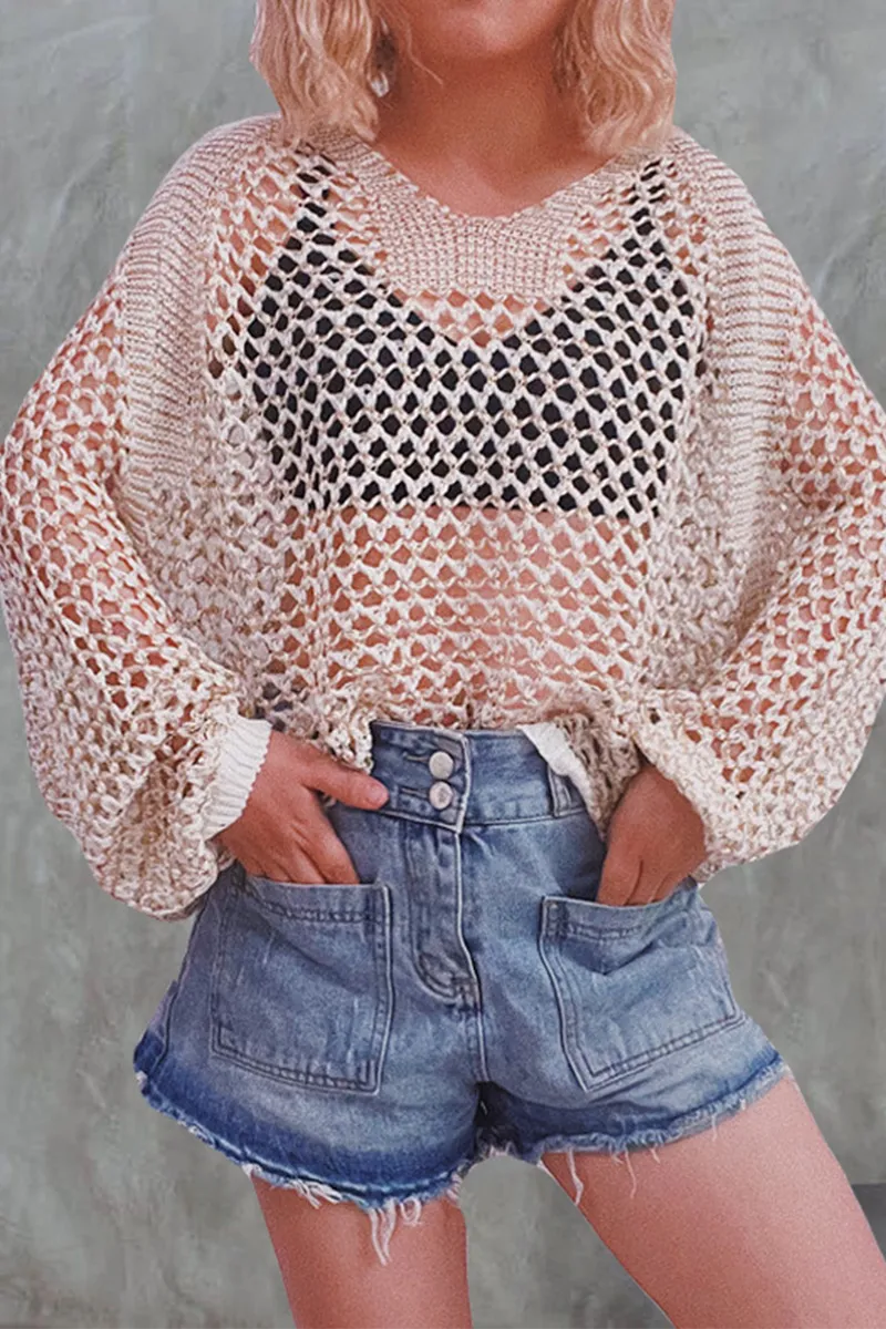 Casual Solid Hollowed Out V Neck Tops