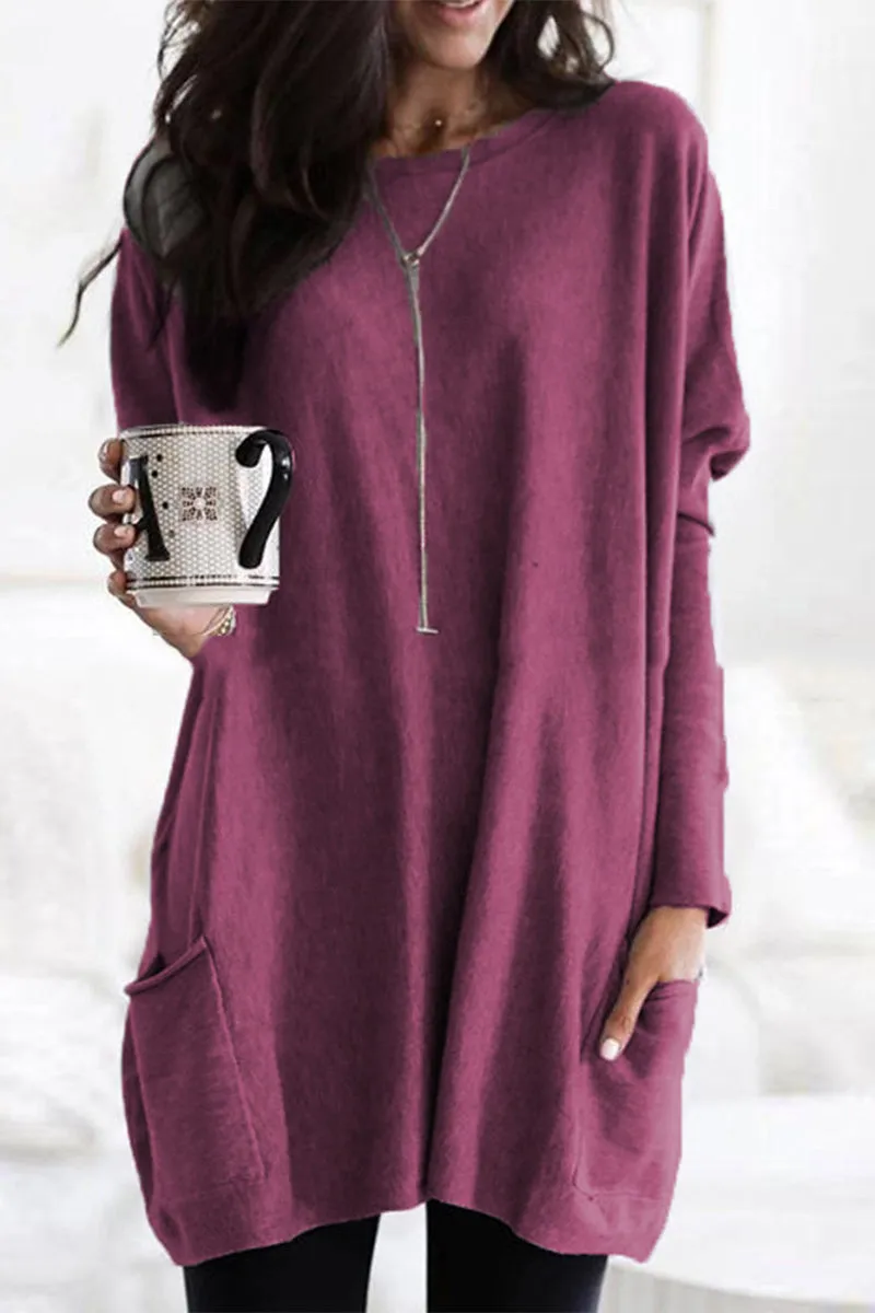 Casual Solid Split Joint Pocket V Neck Tops(4 Colors)