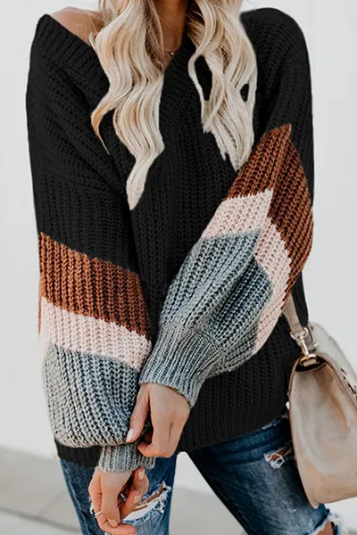Casual Striped Split Joint  Contrast V Neck Tops Sweater