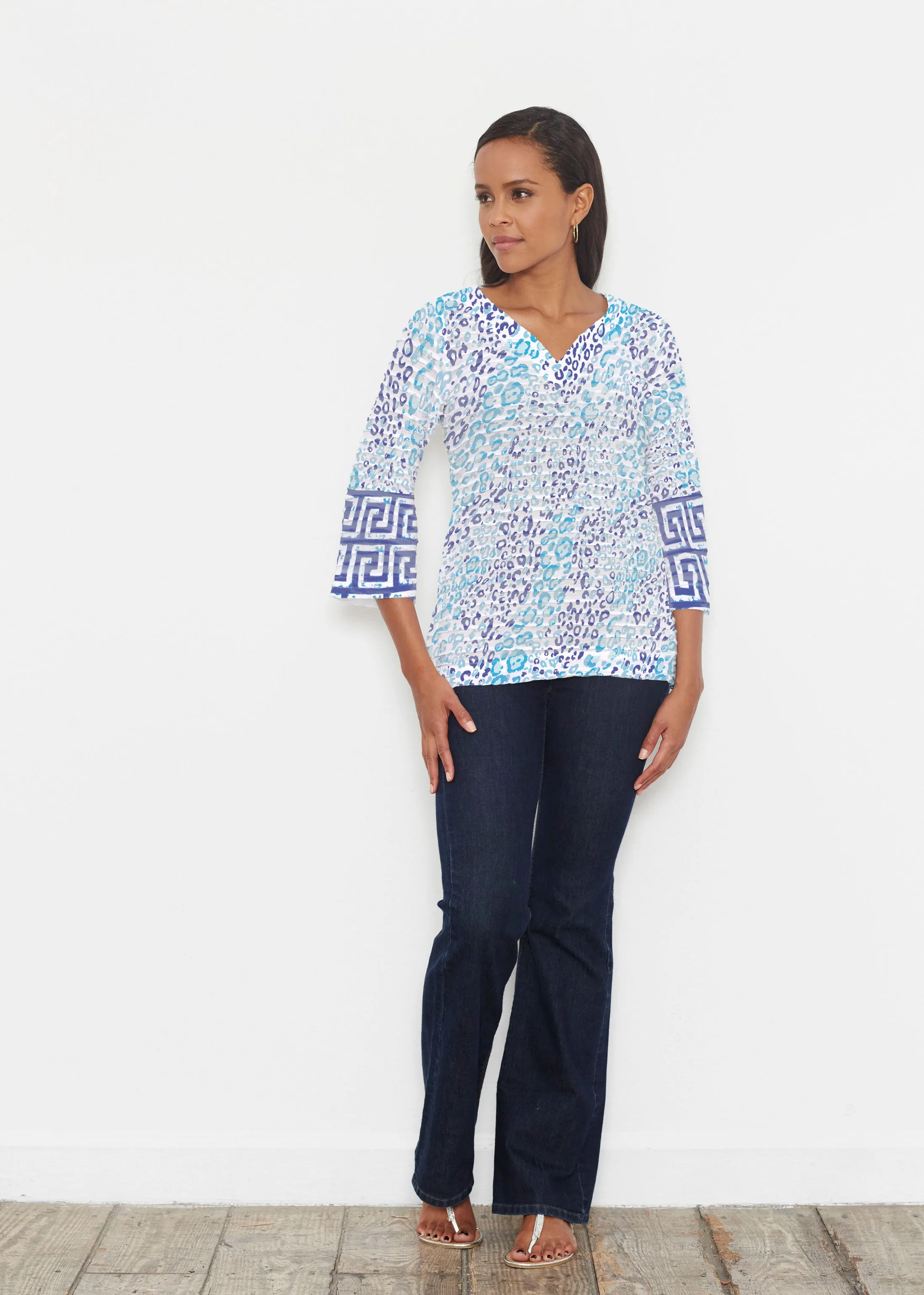 Cat Blue (7755) ~ Banded 3/4 Bell-Sleeve V-Neck Tunic