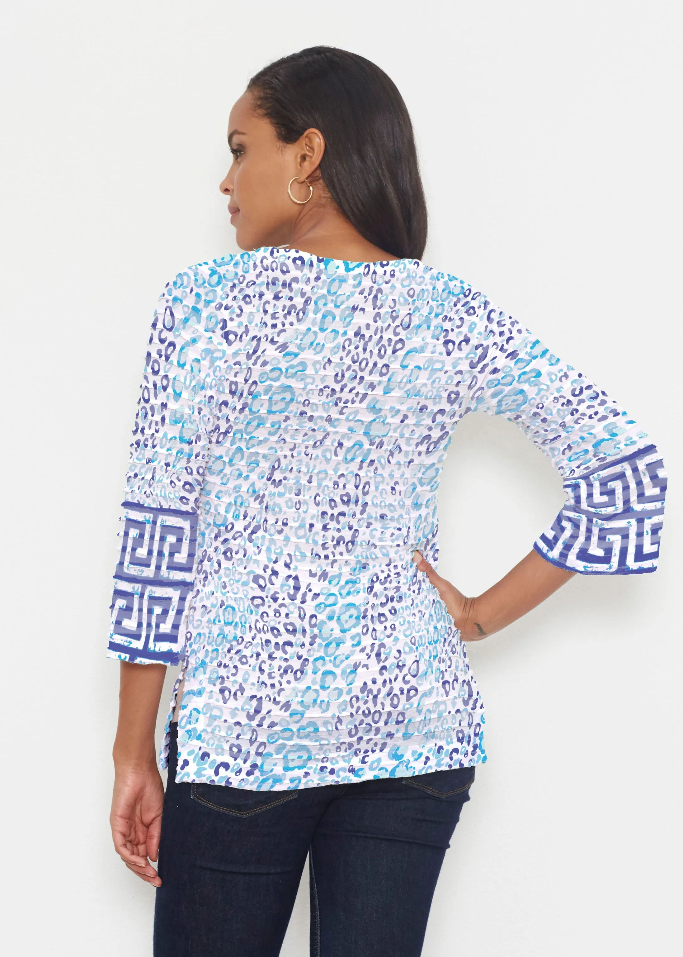 Cat Blue (7755) ~ Banded 3/4 Bell-Sleeve V-Neck Tunic