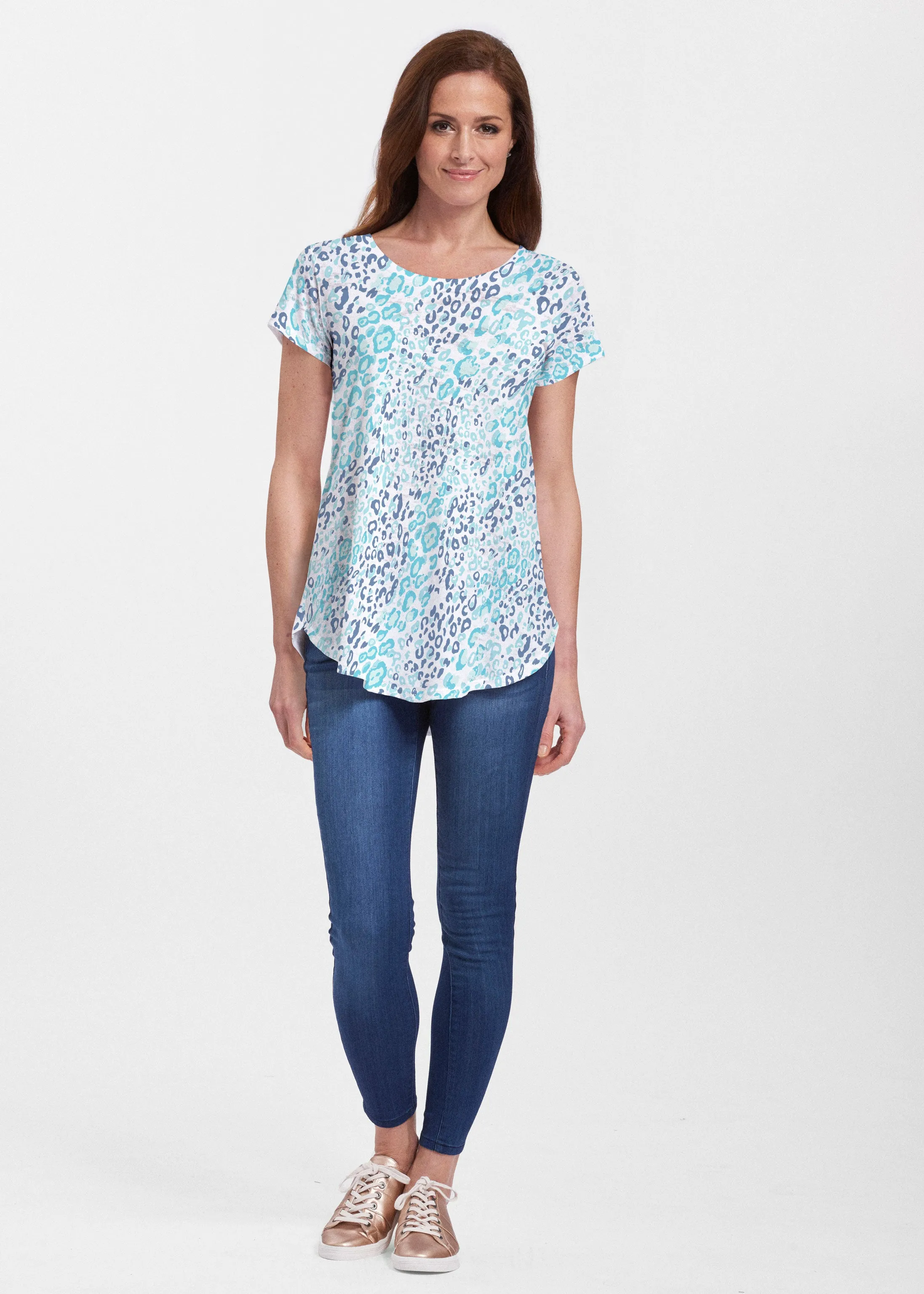 Cat Blue (7755) ~ Signature Short Sleeve Scoop Neck Flowy Tunic