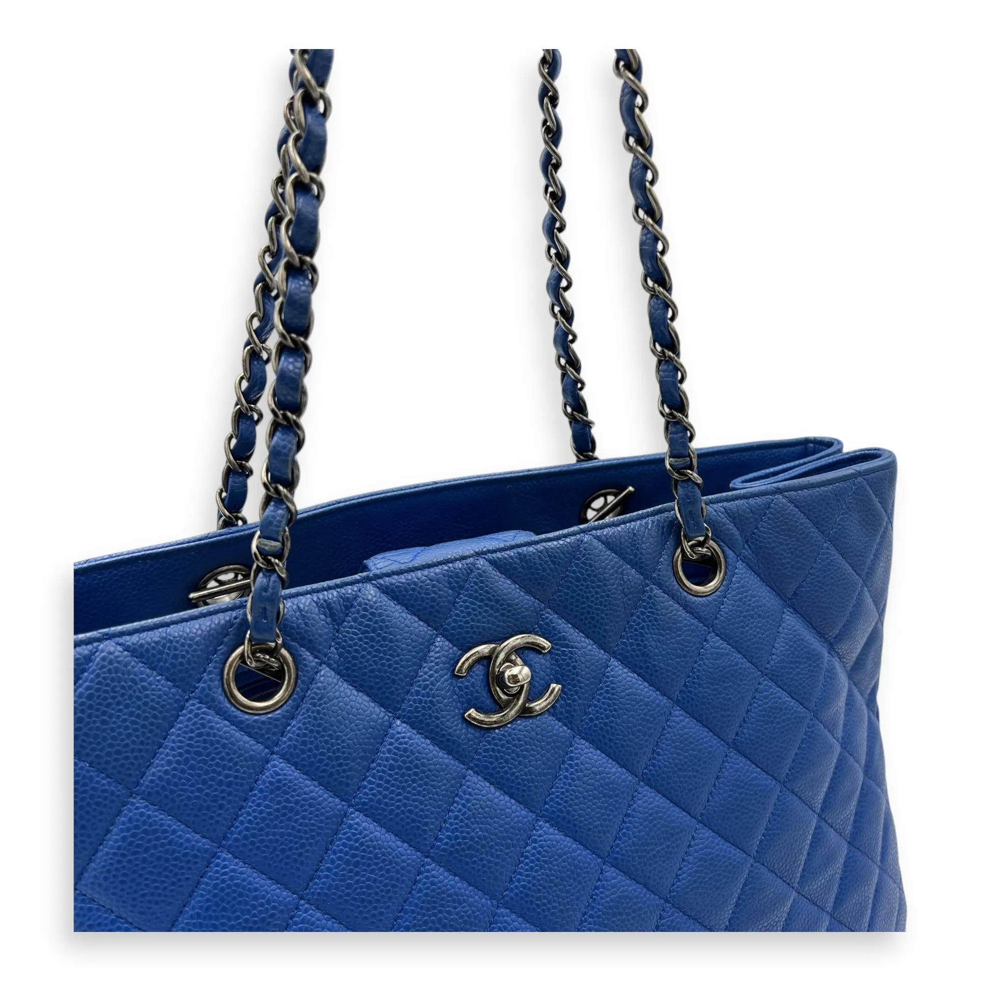 CC Quilted Blue Tote Bag in Caviar Leather, Ruthenium hardware