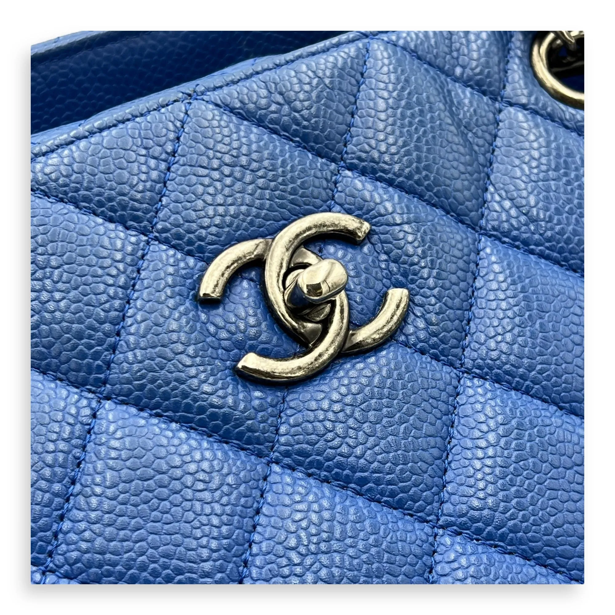 CC Quilted Blue Tote Bag in Caviar Leather, Ruthenium hardware