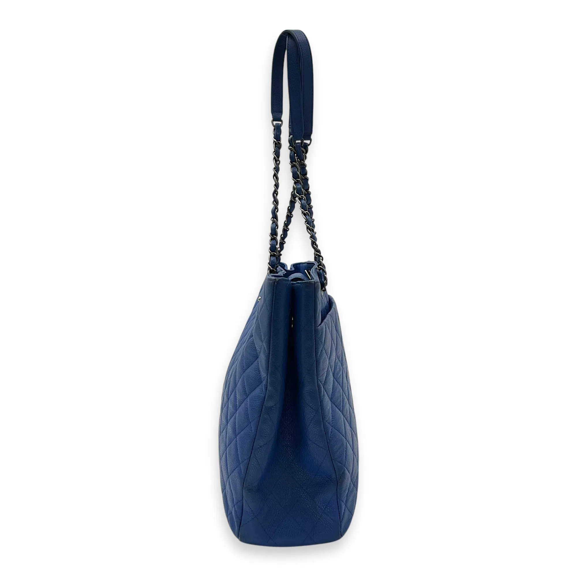 CC Quilted Blue Tote Bag in Caviar Leather, Ruthenium hardware