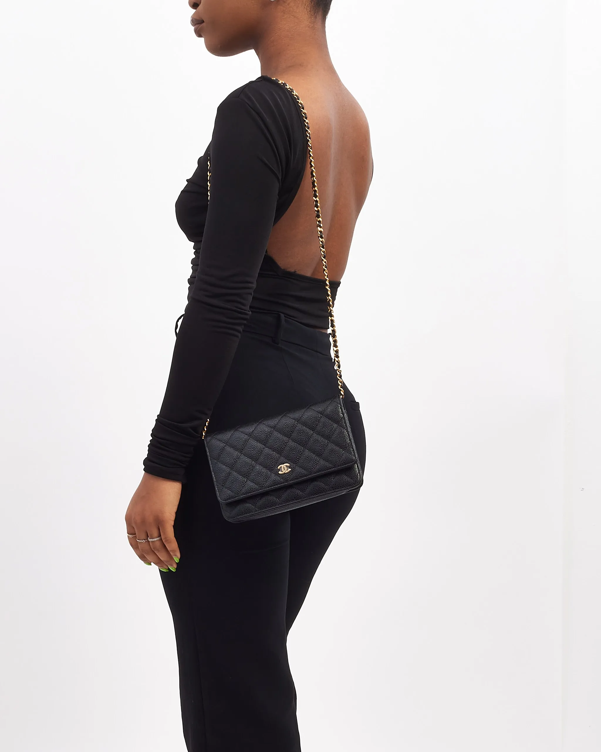 Chanel Black Caviar Leather with Gold Hardware Wallet on Chain