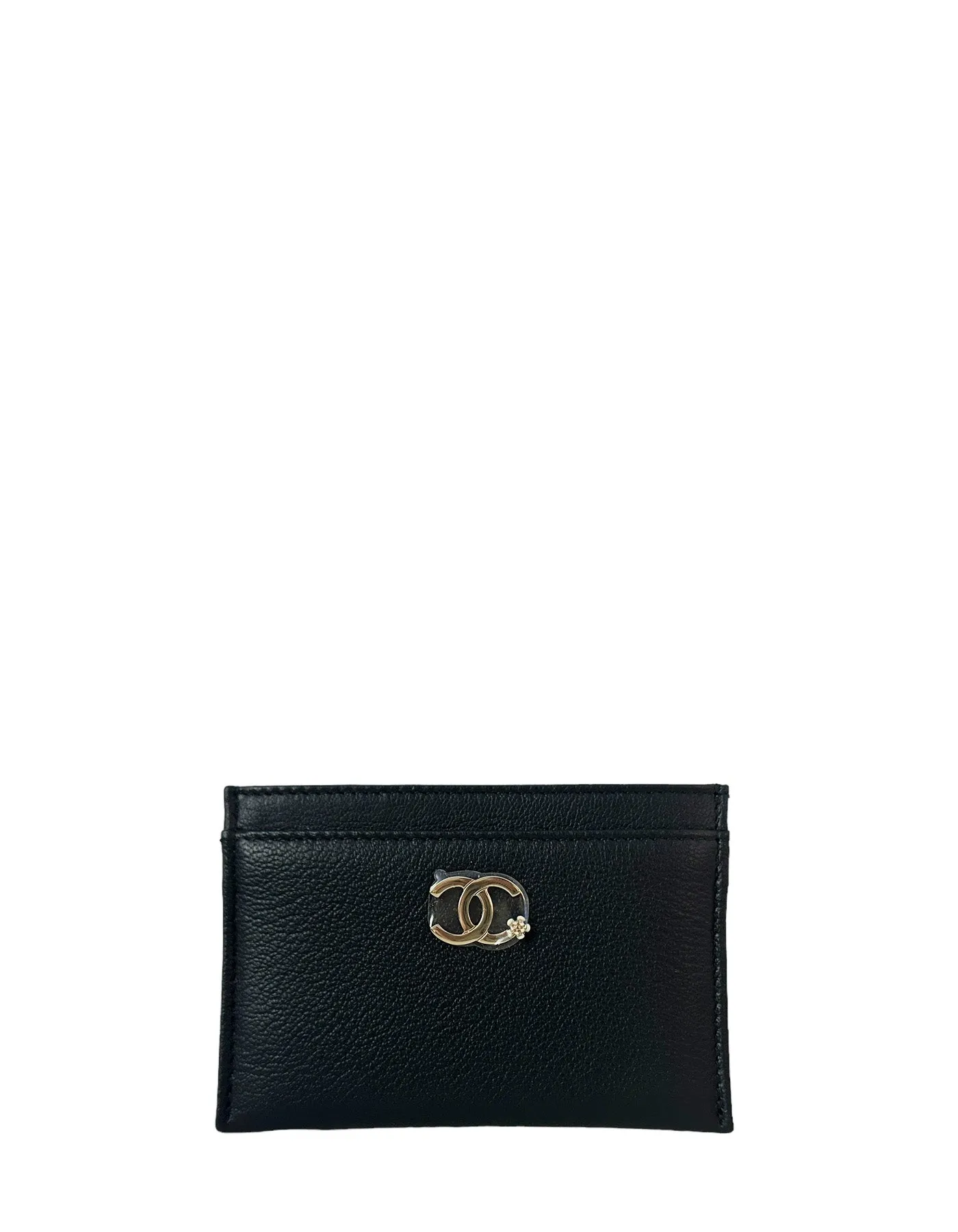 Chanel Black Goatskin CC Camellia Card Holder