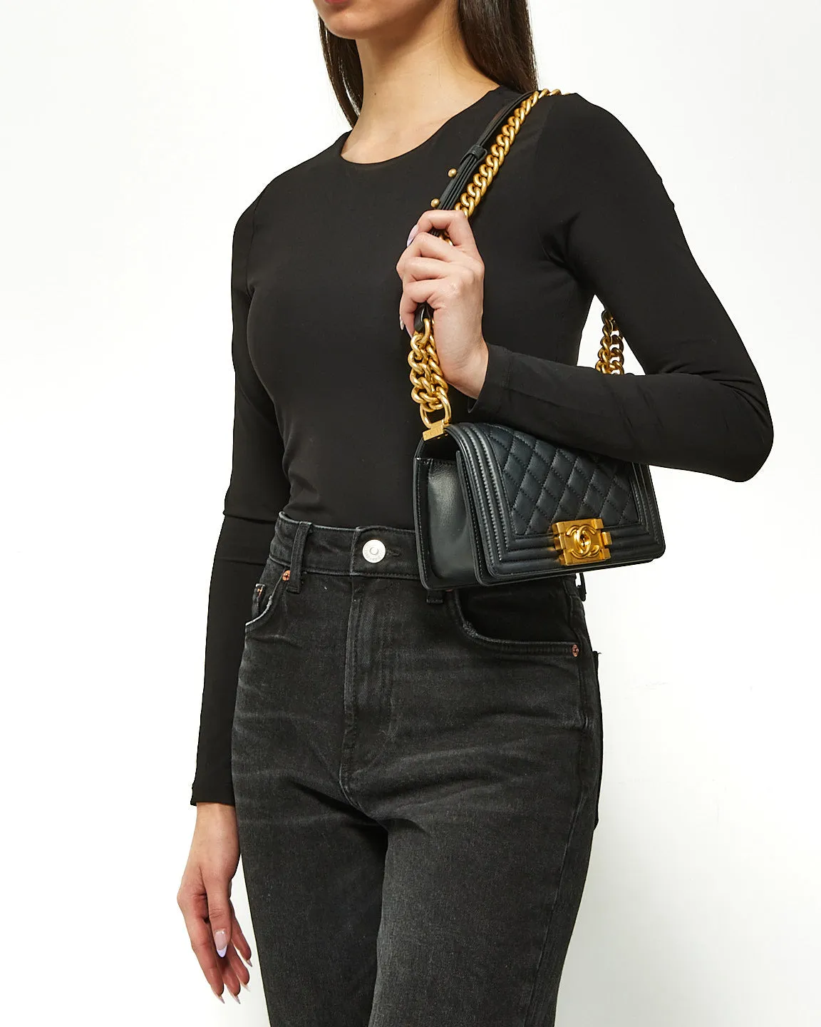 Chanel Black Lambskin Quilted Small Boy Bag GHW