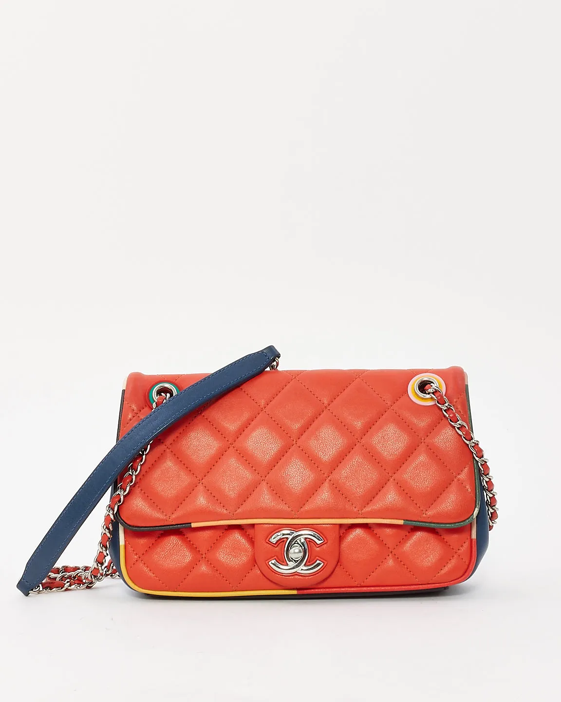 Chanel Coral & Navy Quilted Leather Paris-Cuba Single Flap Bag with Silver Hardware