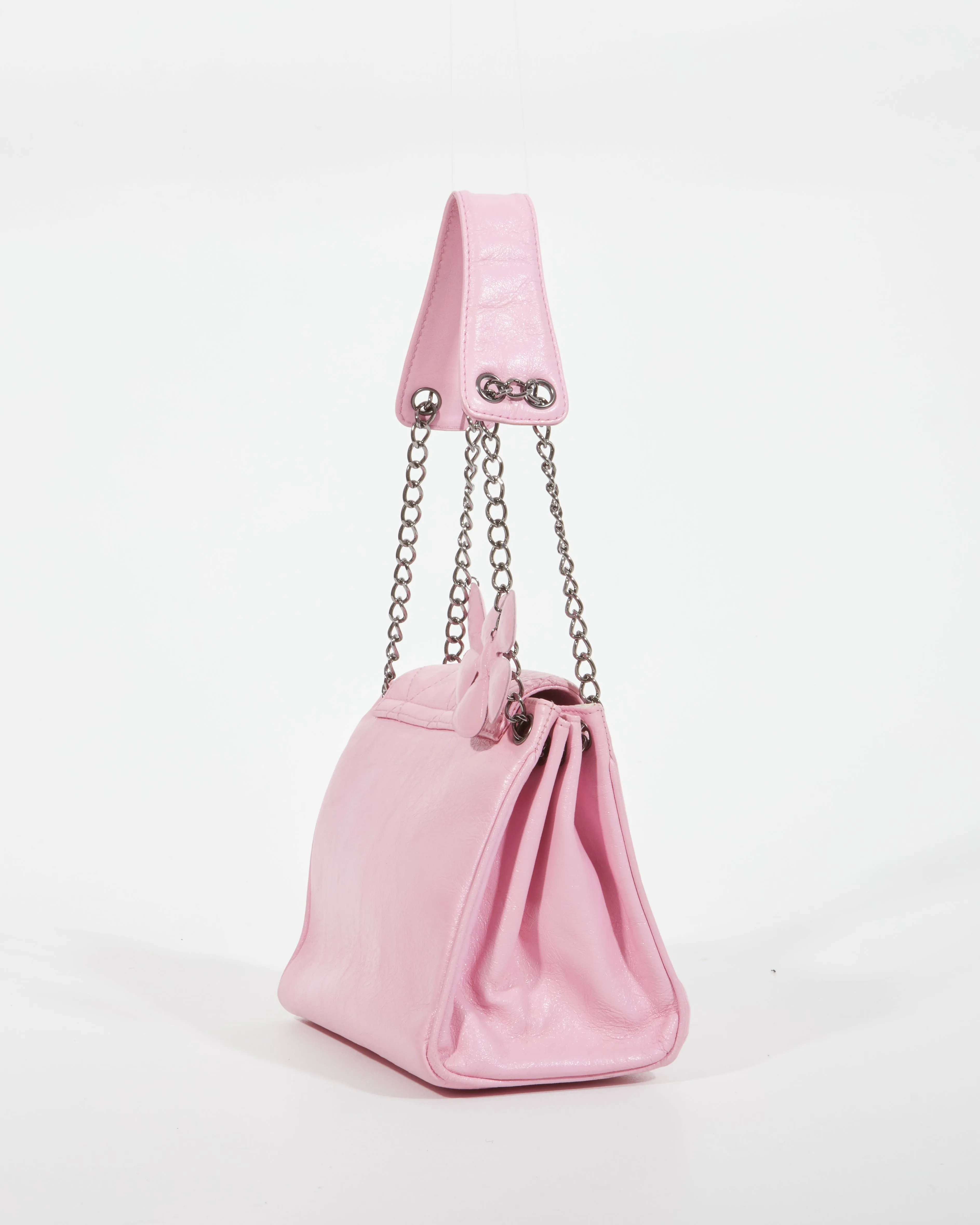 Chanel Pink Crinkled Leather 2003 Flower & Heart Shoulder Bag