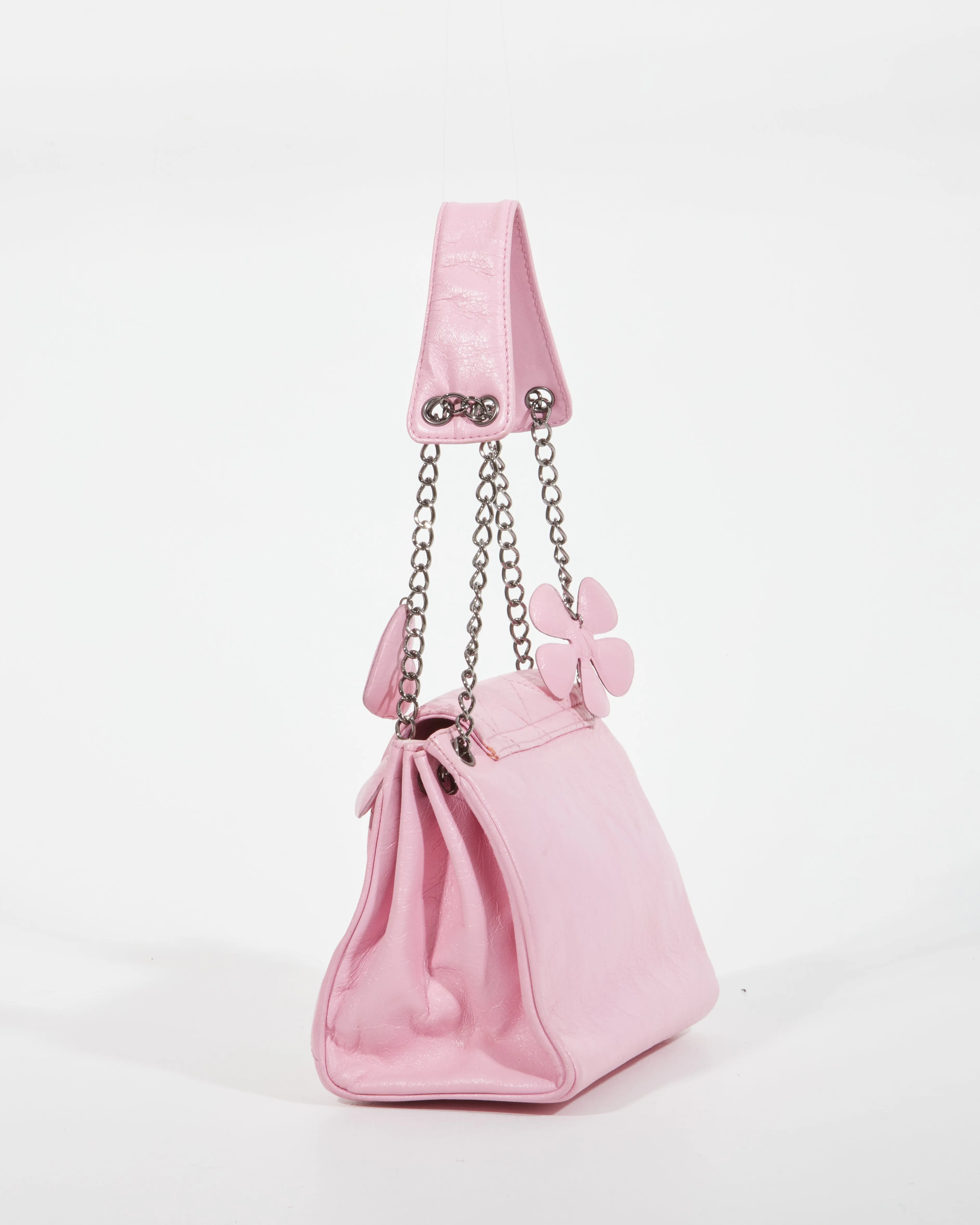Chanel Pink Crinkled Leather 2003 Flower & Heart Shoulder Bag