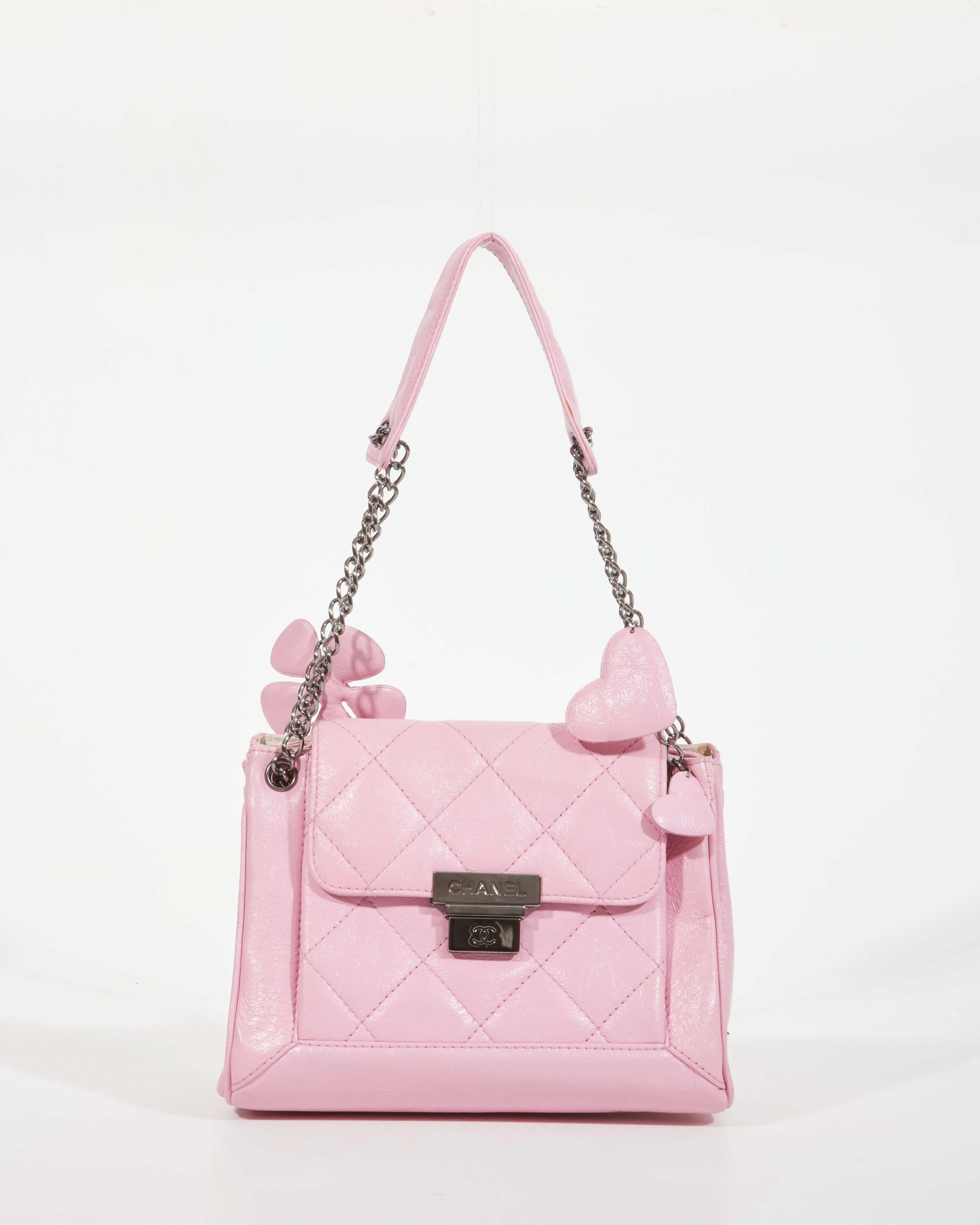 Chanel Pink Crinkled Leather 2003 Flower & Heart Shoulder Bag