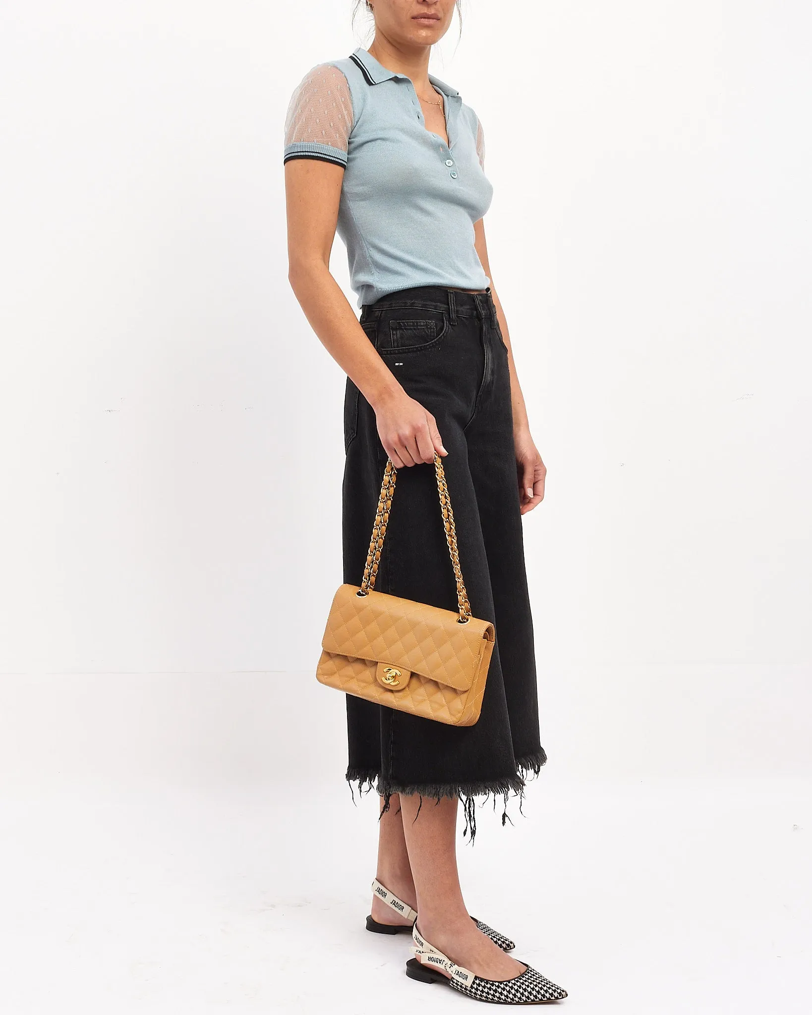 Chanel Vintage Beige Caviar Classic Double Flap Bag with Gold Hardware