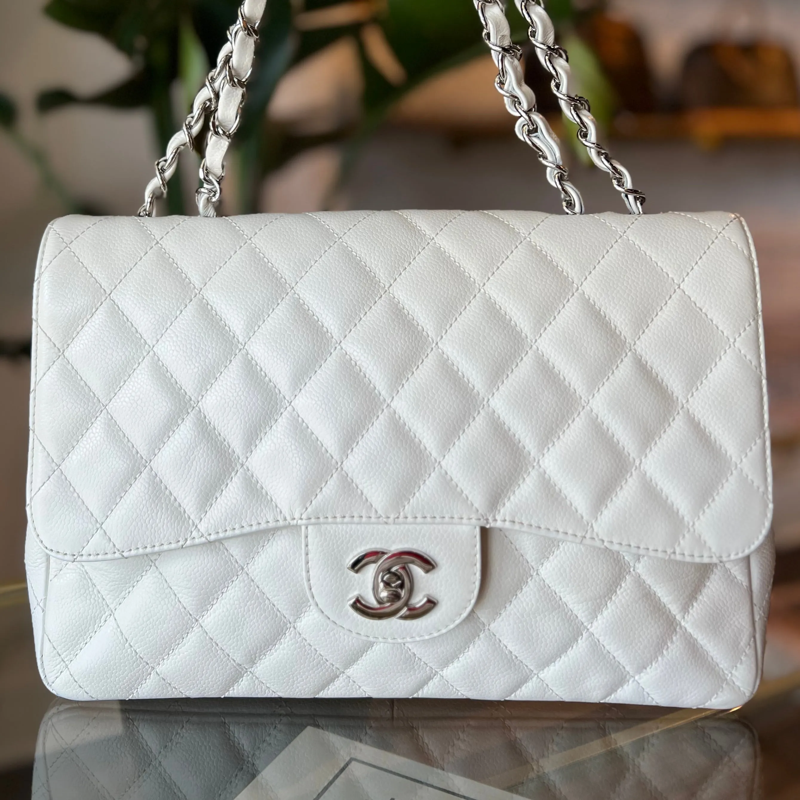 CHANEL Vintage Classic Jumbo White Caviar Single Flap