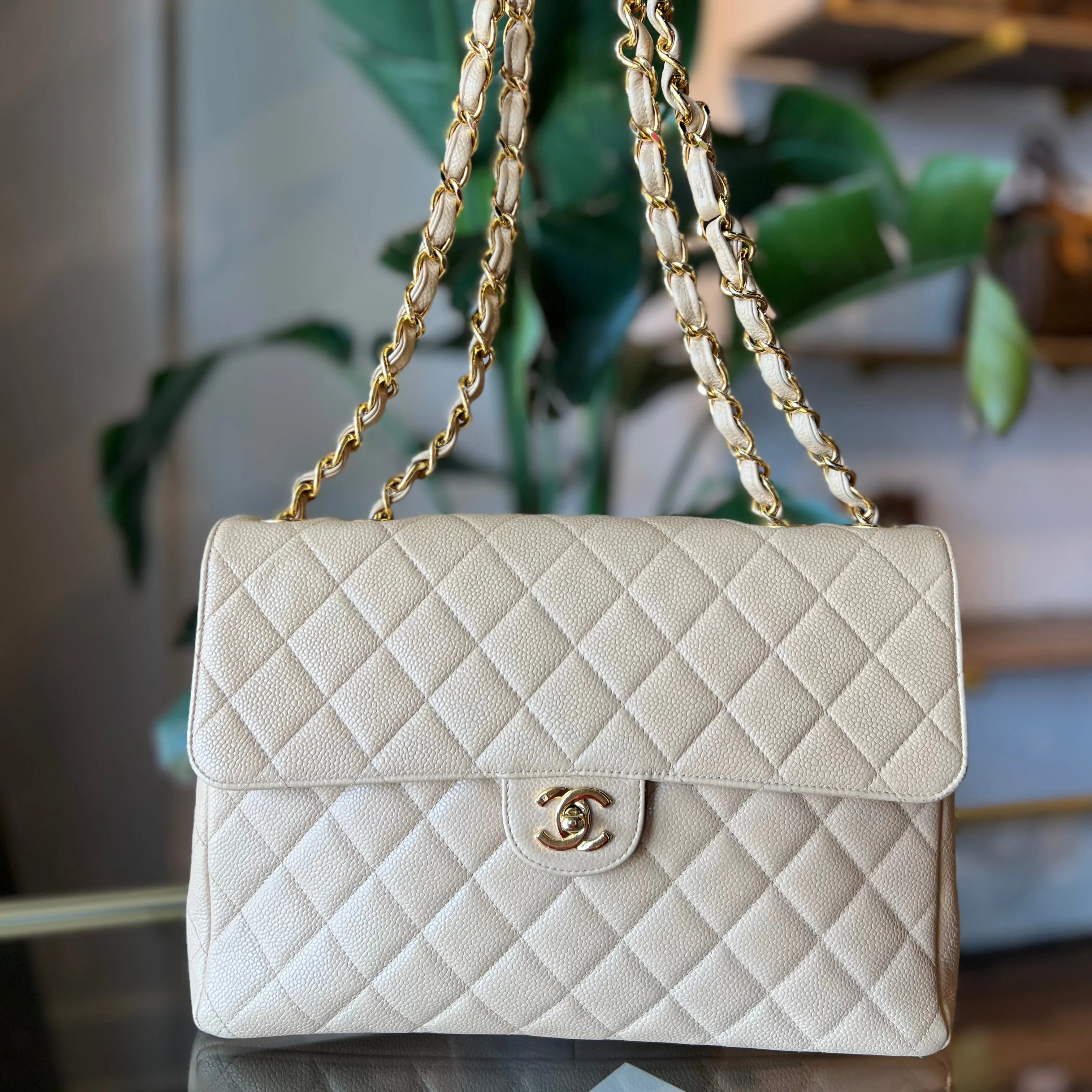 CHANEL Vintage Square Jumbo Beige Caviar Single Flap Shoulder Bag