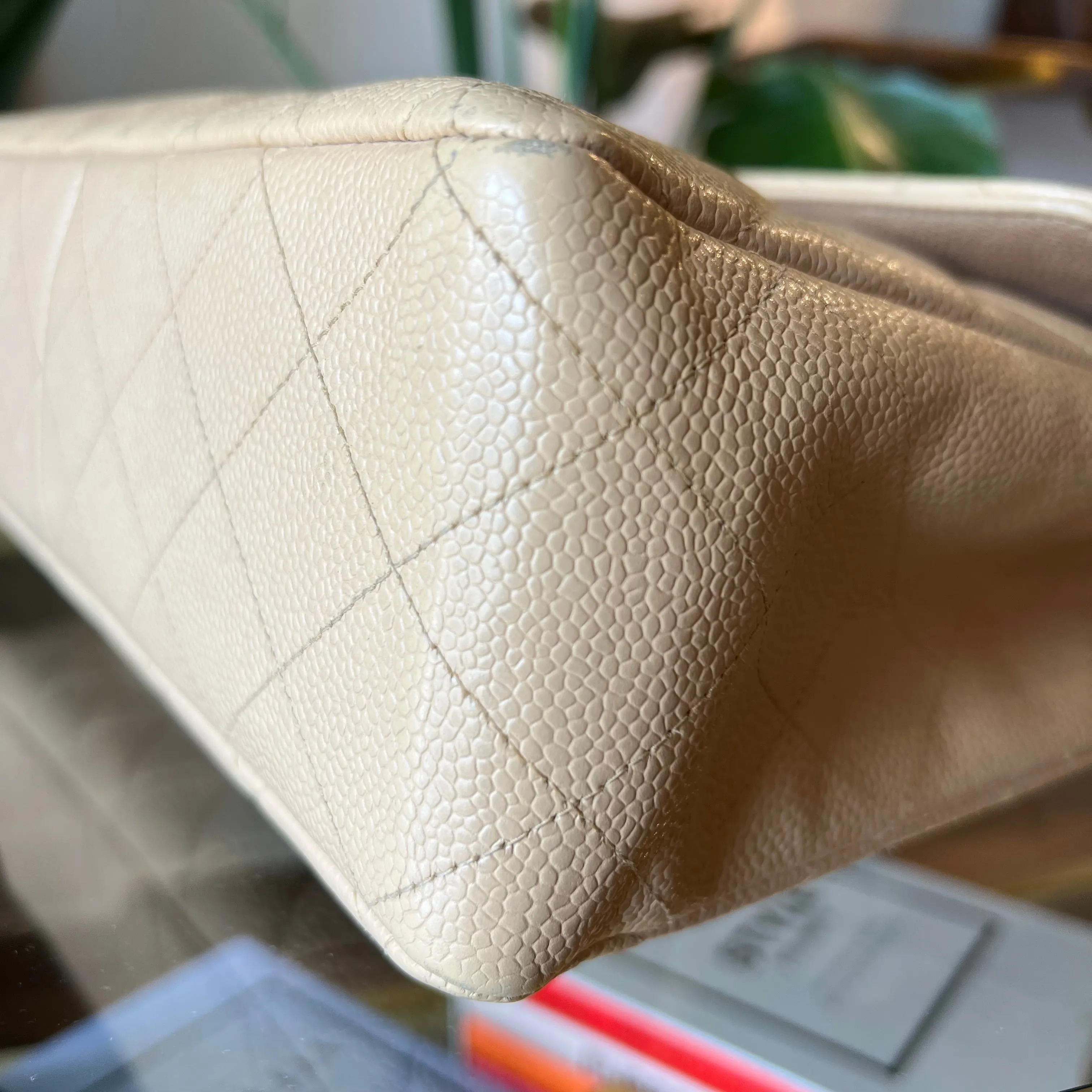 CHANEL Vintage Square Jumbo Beige Caviar Single Flap Shoulder Bag