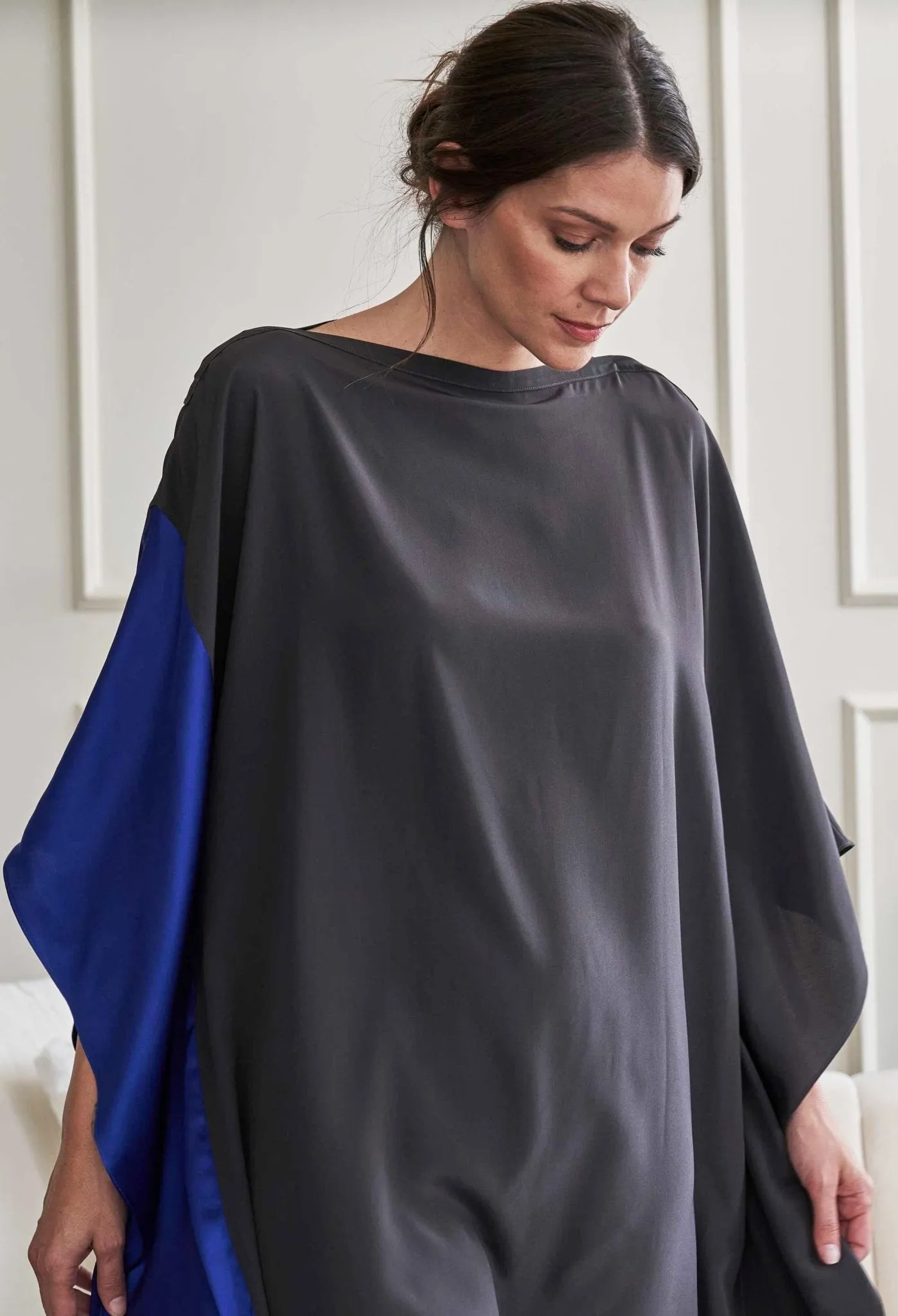 Charcoal and Cobalt Silk Boatneck Caftan - Sale