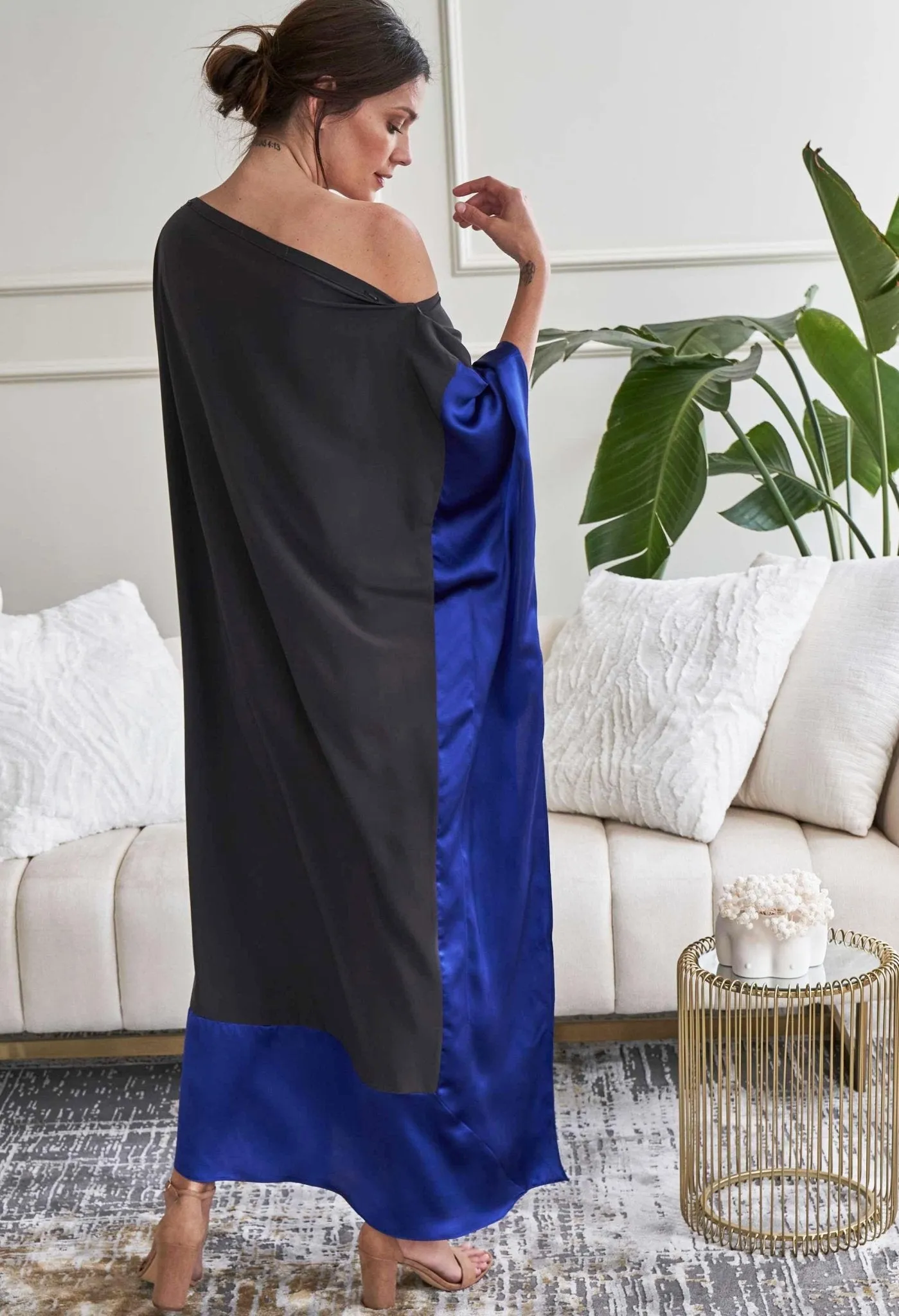 Charcoal and Cobalt Silk Boatneck Caftan - Sale