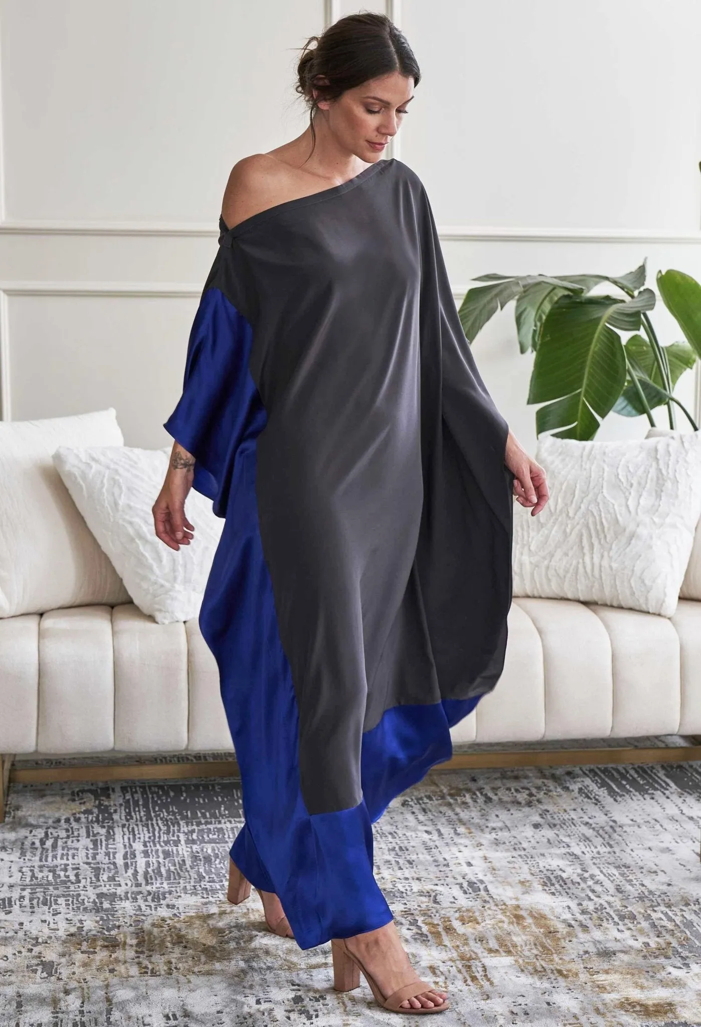 Charcoal and Cobalt Silk Boatneck Caftan - Sale