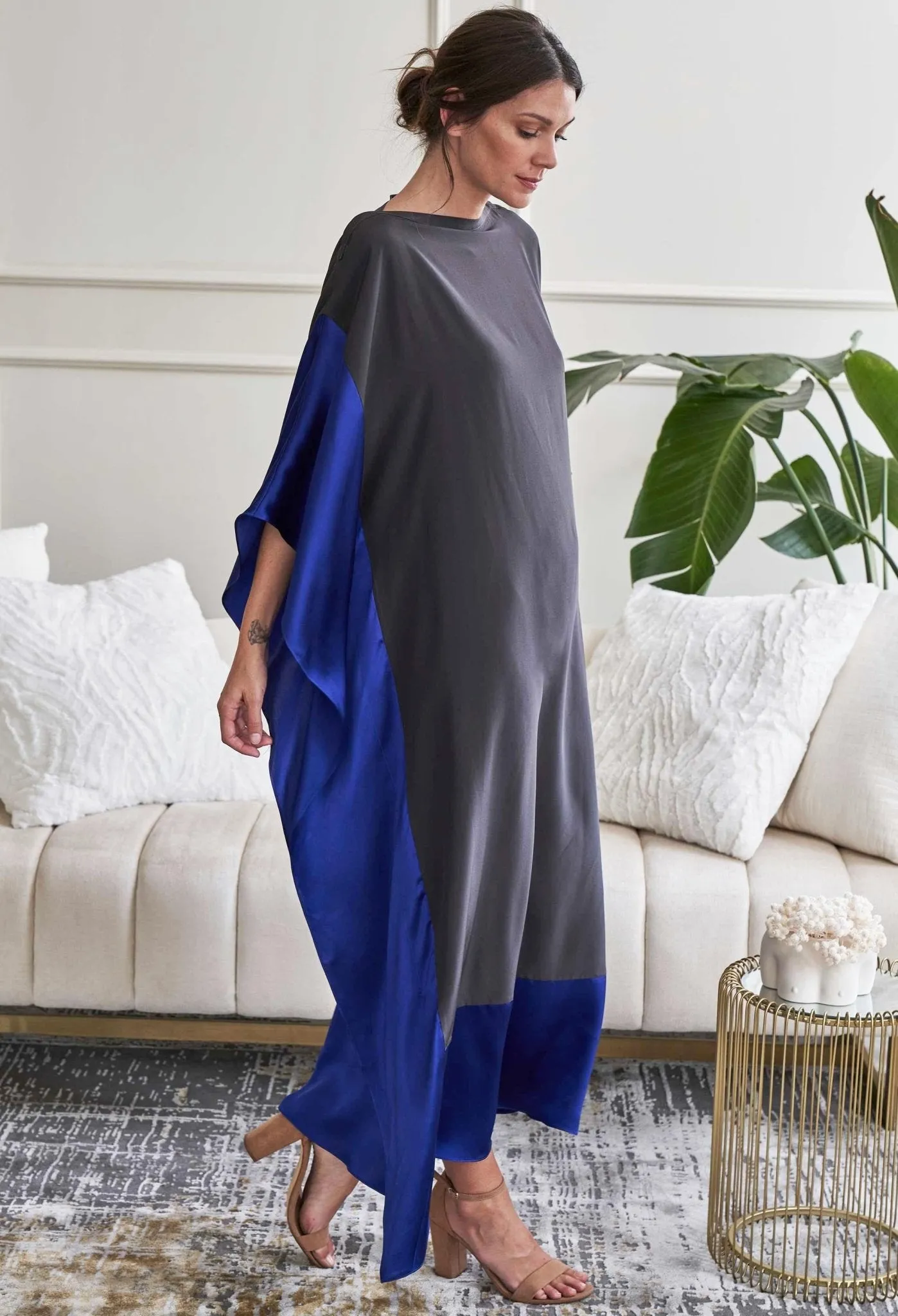 Charcoal and Cobalt Silk Boatneck Caftan - Sale