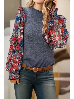 Charlie Ruffle Tiered Floral Sleeve Crew Neck Blouse