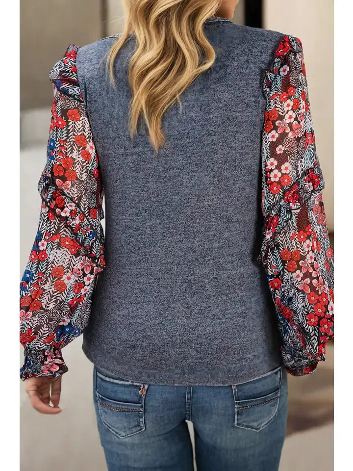 Charlie Ruffle Tiered Floral Sleeve Crew Neck Blouse