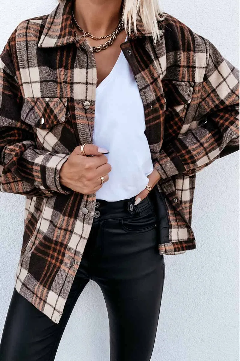 Chicindress Casual Loose Retro Plaid Stitching Shirt Jacket(3 Colors)
