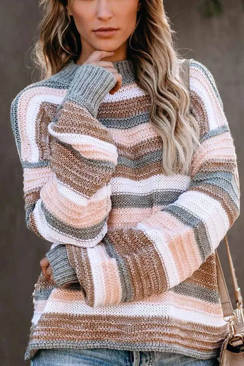 Chicindress O-neck Stitching Striped Long-Sleeved sweater