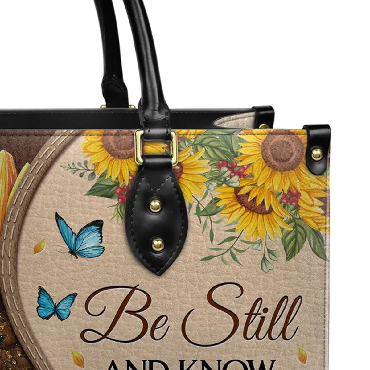 Christianart Designer Handbags, Be Still And Know That I Am God Psalm 46:10 Sunflower Butterfly, Personalized Gifts, Gifts for Women, Christmas Gift.