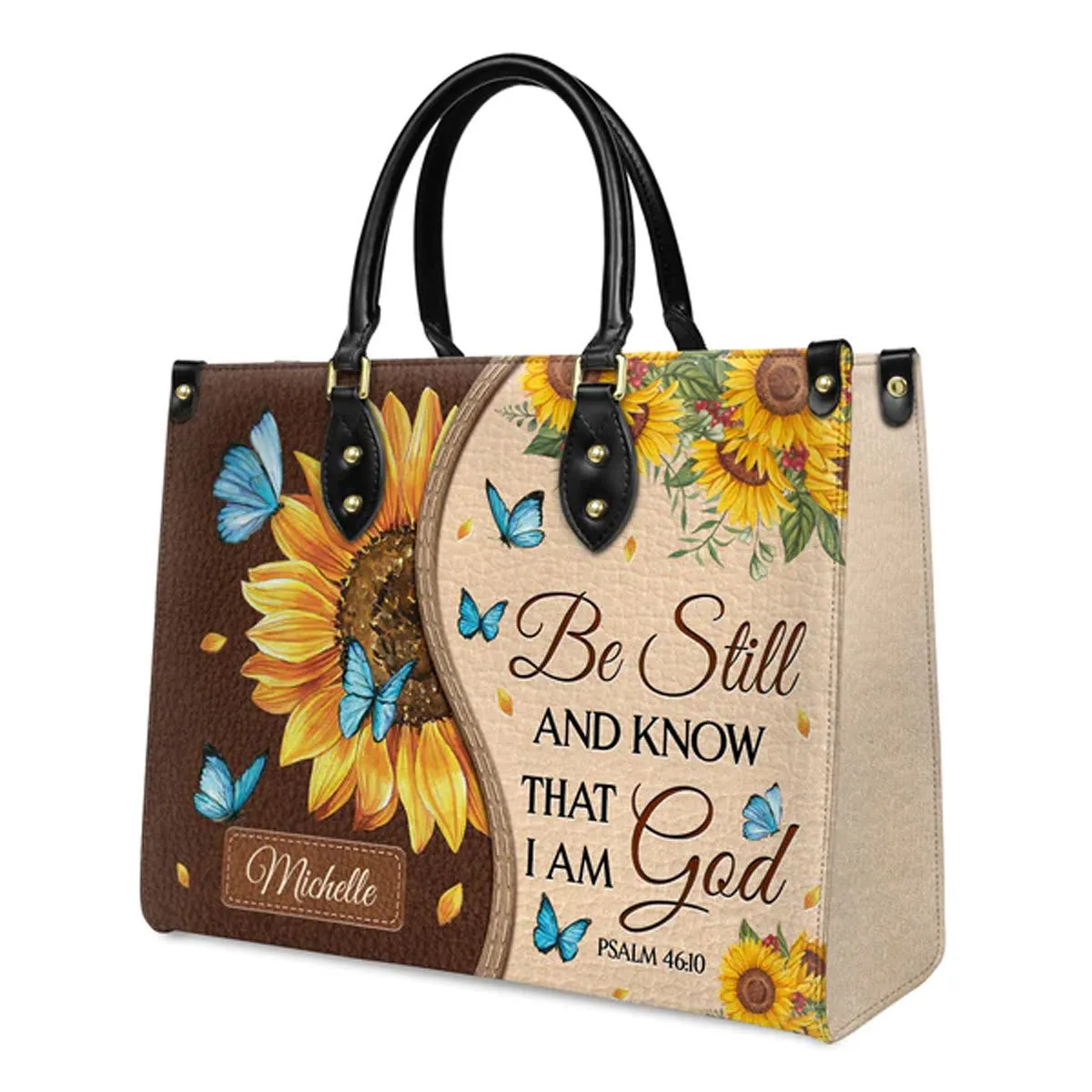 Christianart Designer Handbags, Be Still And Know That I Am God Psalm 46:10 Sunflower Butterfly, Personalized Gifts, Gifts for Women, Christmas Gift.