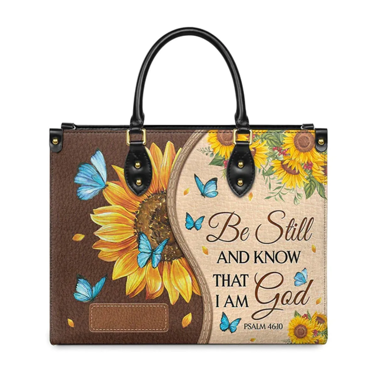Christianart Designer Handbags, Be Still And Know That I Am God Psalm 46:10 Sunflower Butterfly, Personalized Gifts, Gifts for Women, Christmas Gift.