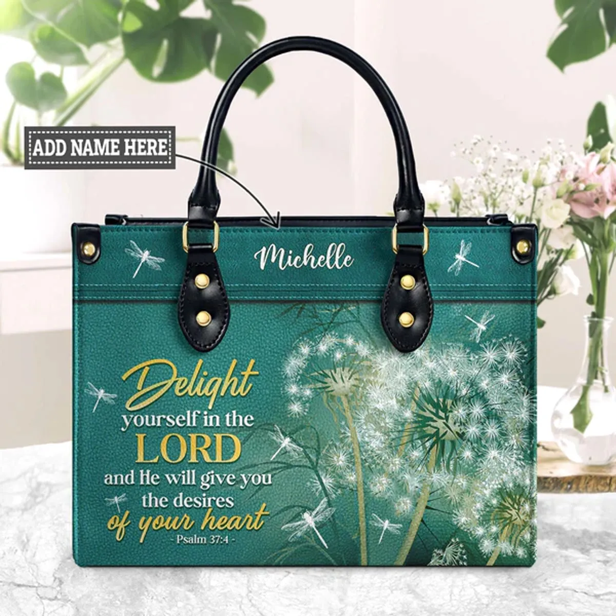 Christianart Designer Handbags, Delight Yourself In The Lord Psalm 37:4 Dandelion Dragonfly, Personalized Gifts, Gifts for Women, Christmas Gift.