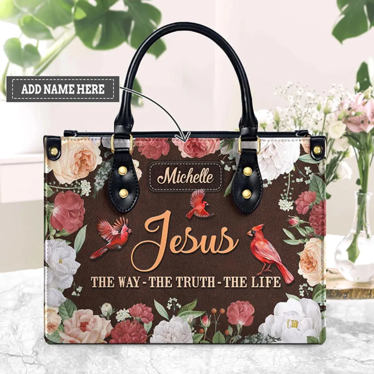 Christianart Designer Handbags, Jesus The Way The Truth The Life Cardinal Vintage Flower, Personalized Gifts, Gifts for Women, Christmas Gift.