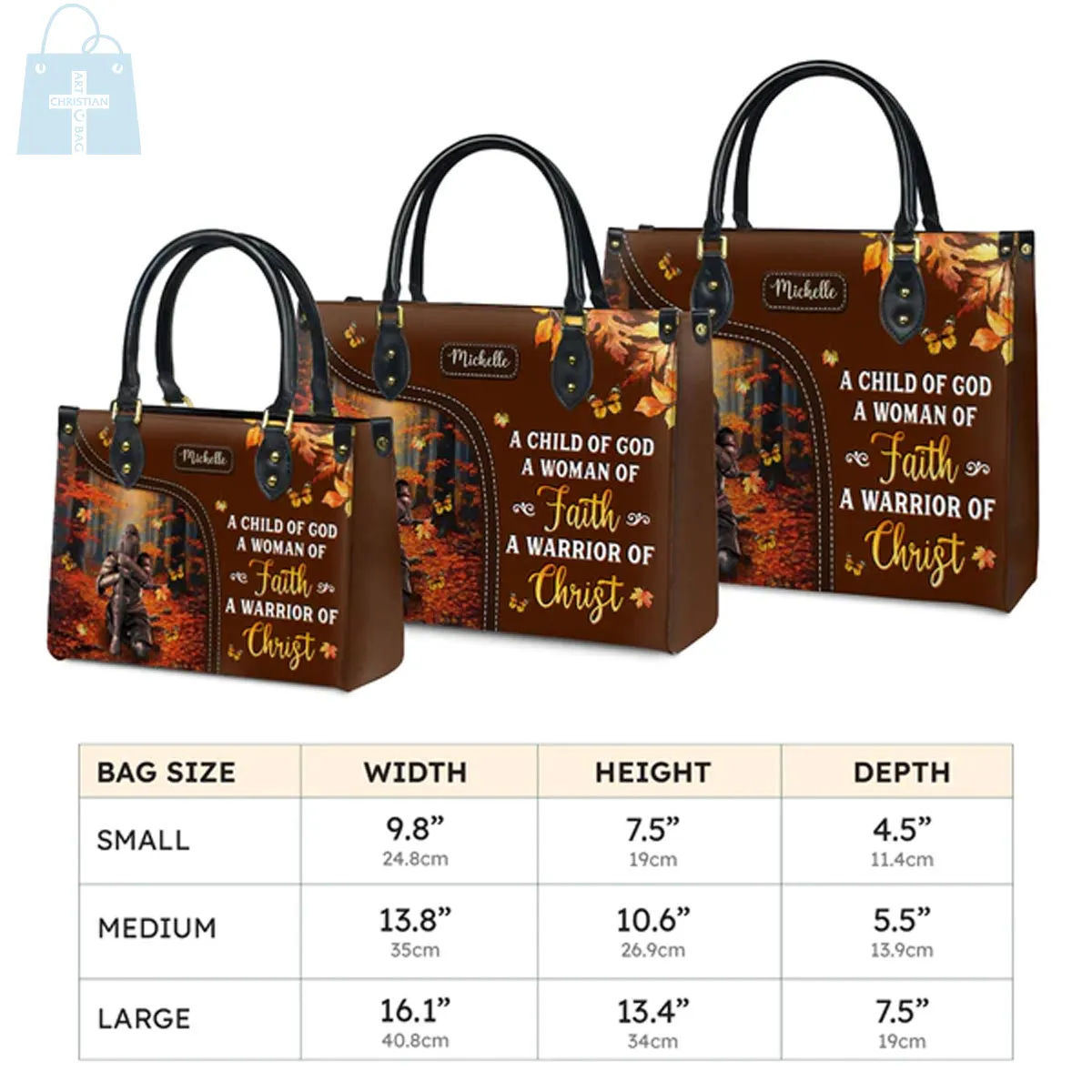 Christianartbag Handbags, A Child Of God A Woman Of Faith A Warrior Of Christ Leather Handbag, Autumn Women Warrior Leather Handbag, Gifts for Women, CABLTB02181023.