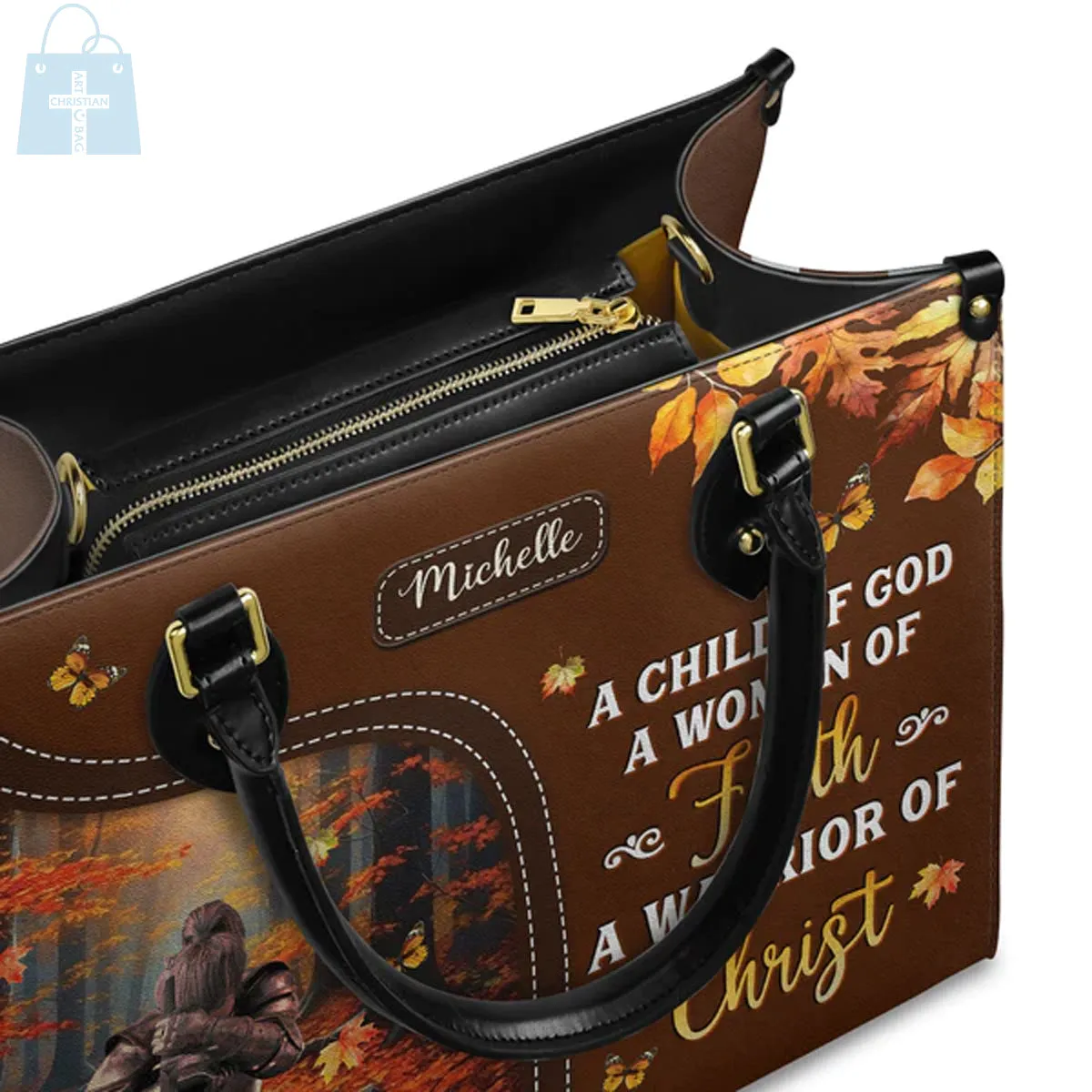 Christianartbag Handbags, A Child Of God A Woman Of Faith A Warrior Of Christ Leather Handbag, Autumn Women Warrior Leather Handbag, Gifts for Women, CABLTB02181023.